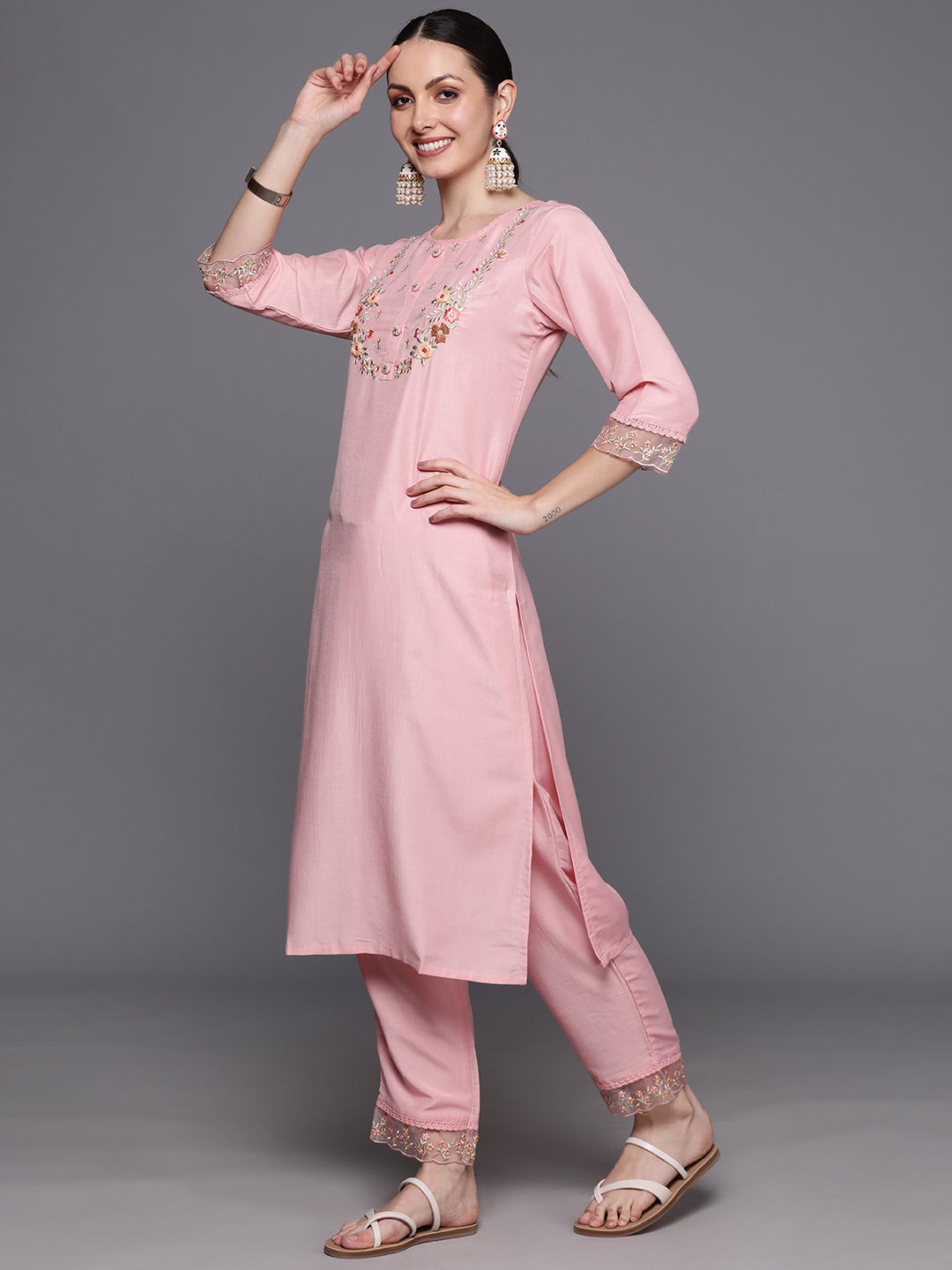 Pink Embroidered Straight Kurta Trousers With Dupatta  Set