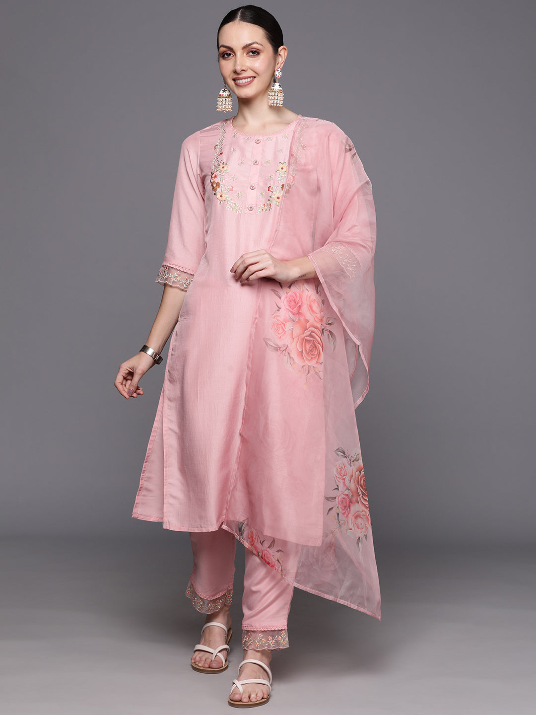 Pink Embroidered Straight Kurta Trousers With Dupatta  Set