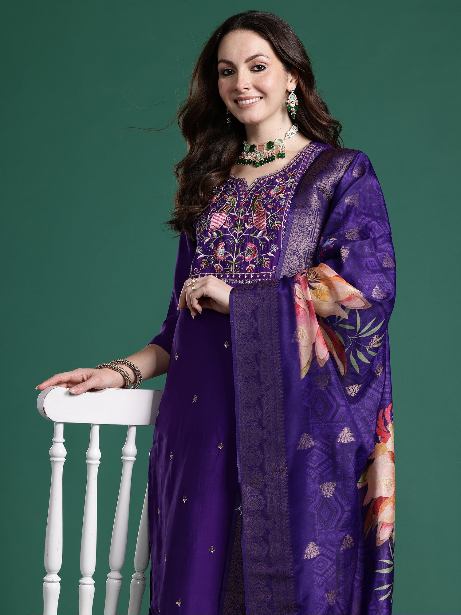 Indo Era Purple Embroidered Straight Kurta Trousers With Dupatta set- IE
