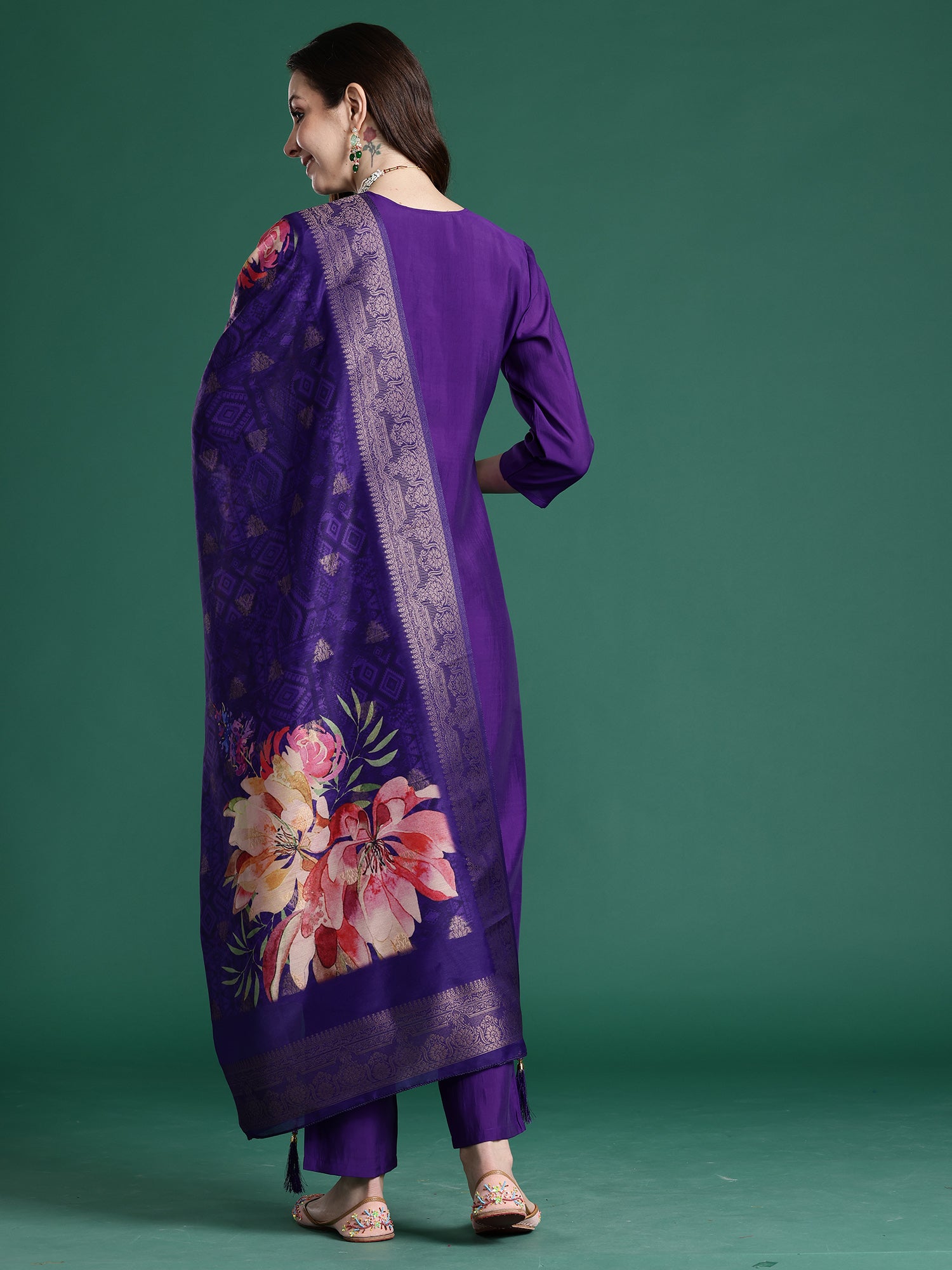 Indo Era Purple Embroidered Straight Kurta Trousers With Dupatta set- IE