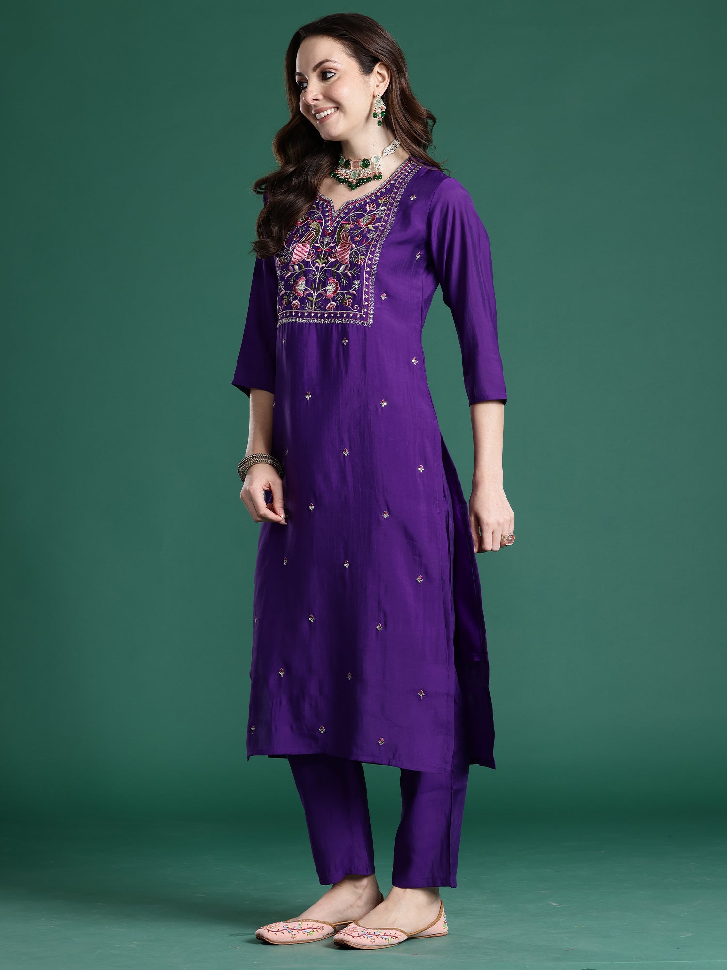 Indo Era Purple Embroidered Straight Kurta Trousers With Dupatta set- IE