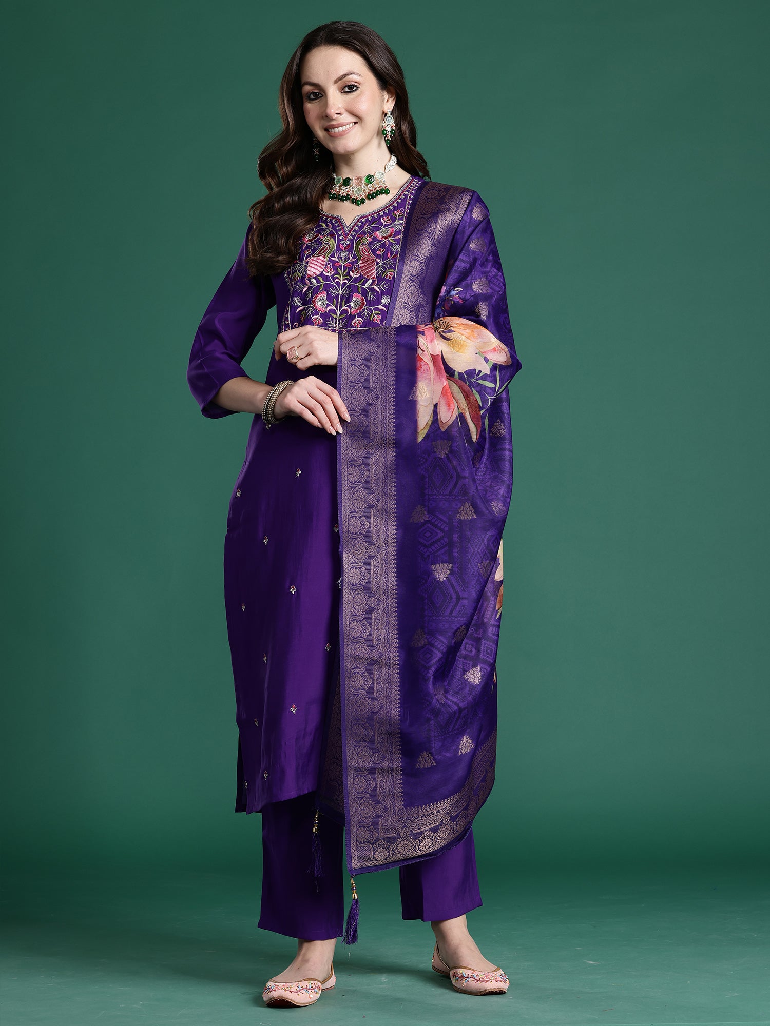 Indo Era Purple Embroidered Straight Kurta Trousers With Dupatta set- IE