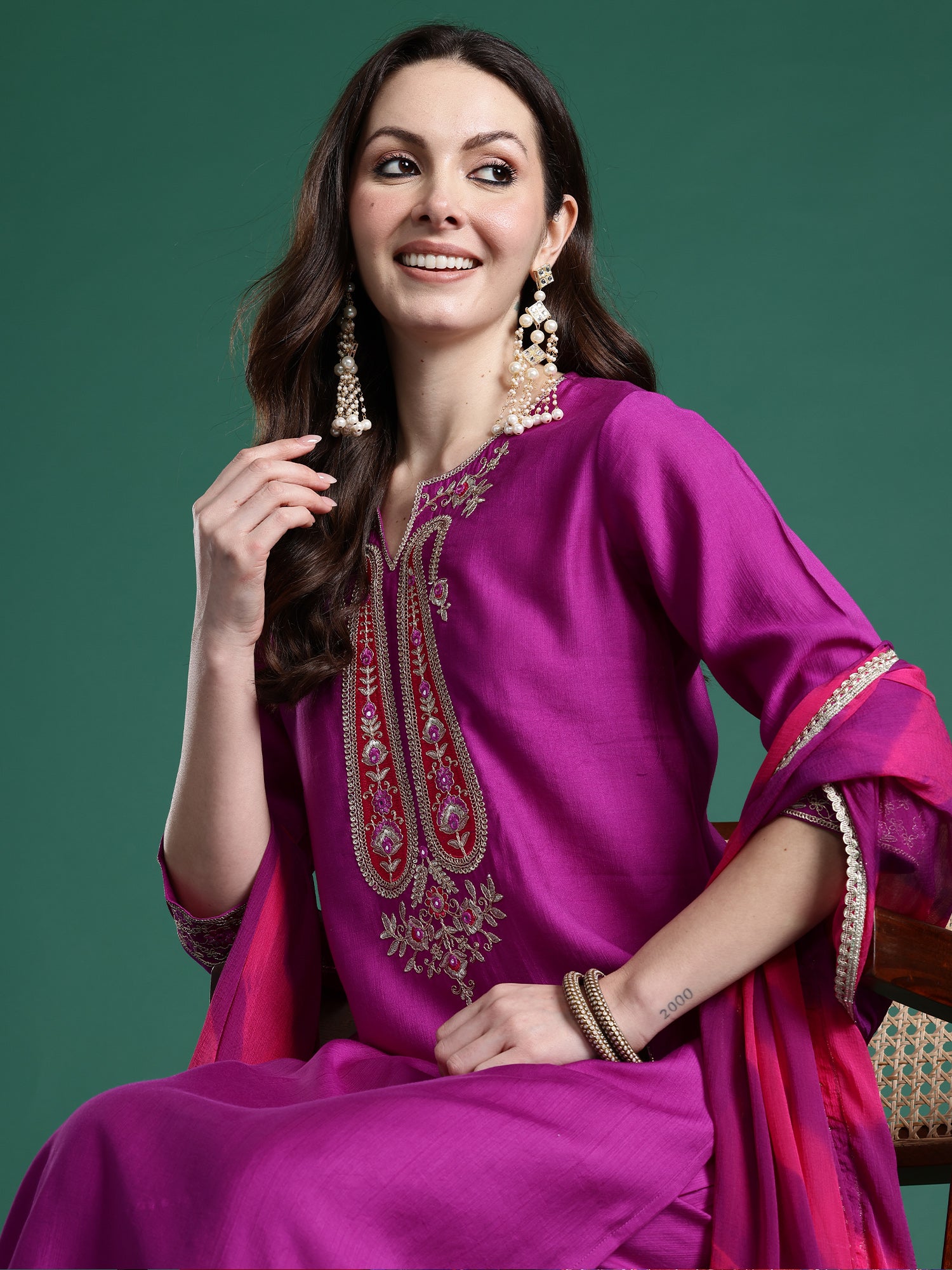 Indo Era Purple Solid Straight Kurta Trousers With Dupatta set- IE