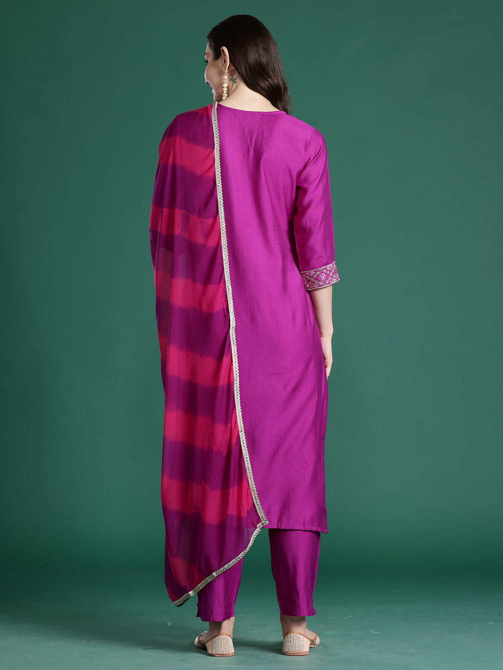 Indo Era Purple Solid Straight Kurta Trousers With Dupatta set- IE