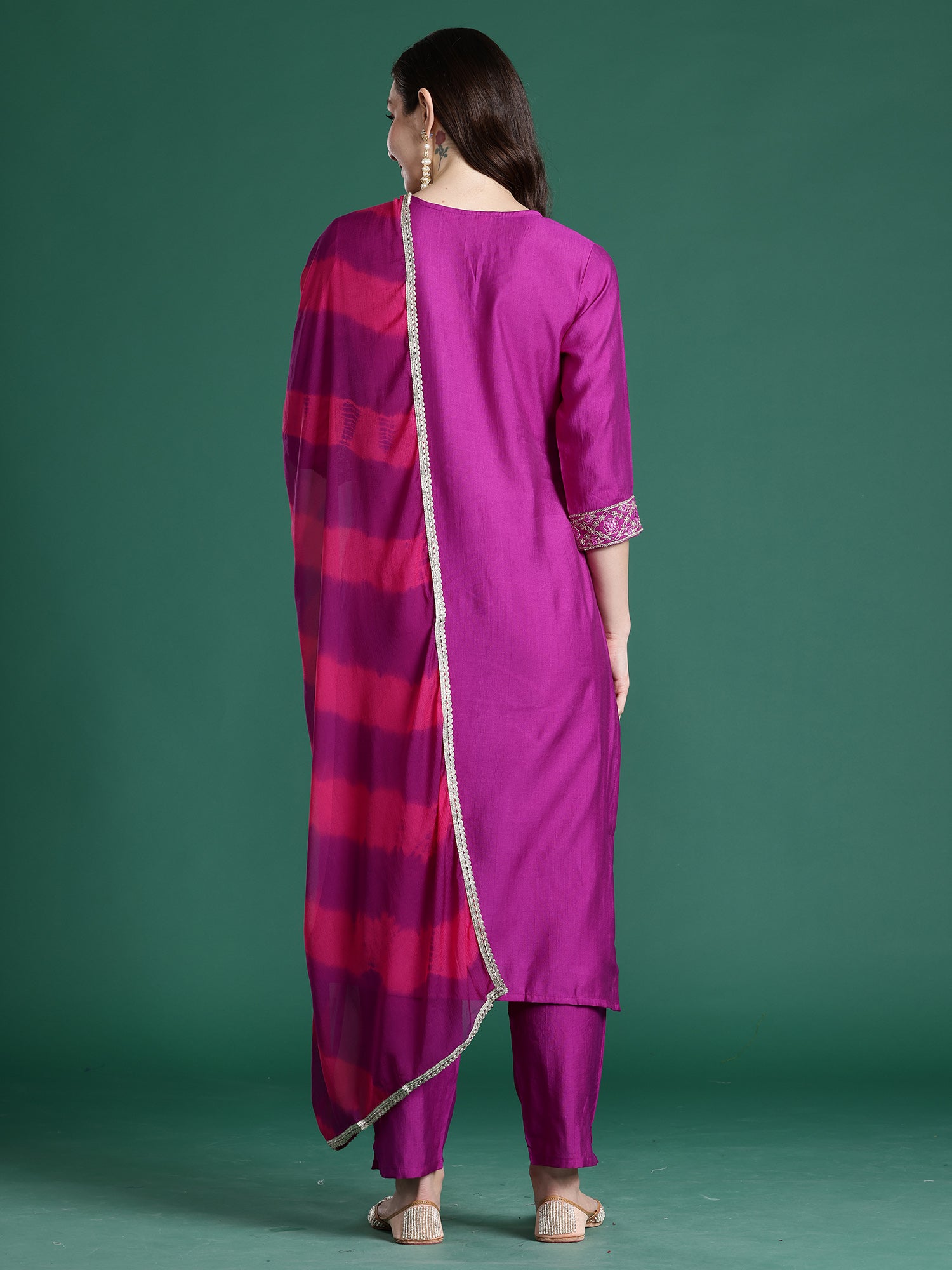 Indo Era Purple Solid Straight Kurta Trousers With Dupatta set- IE