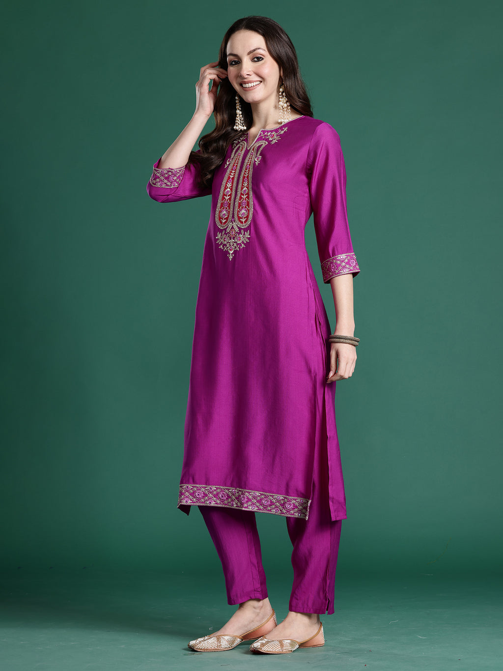 Indo Era Purple Solid Straight Kurta Trousers With Dupatta set- IE