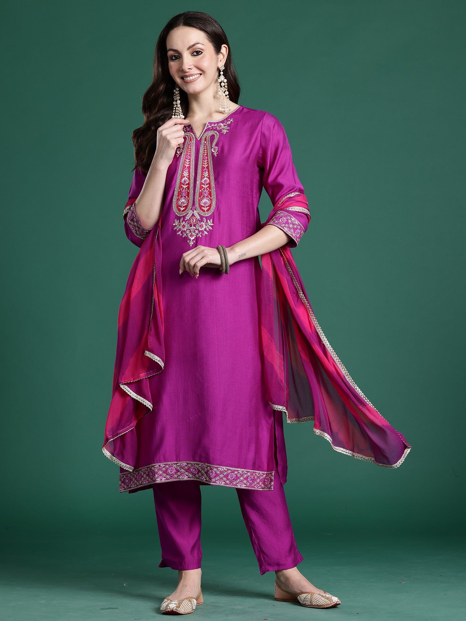 Indo Era Purple Solid Straight Kurta Trousers With Dupatta set- IE