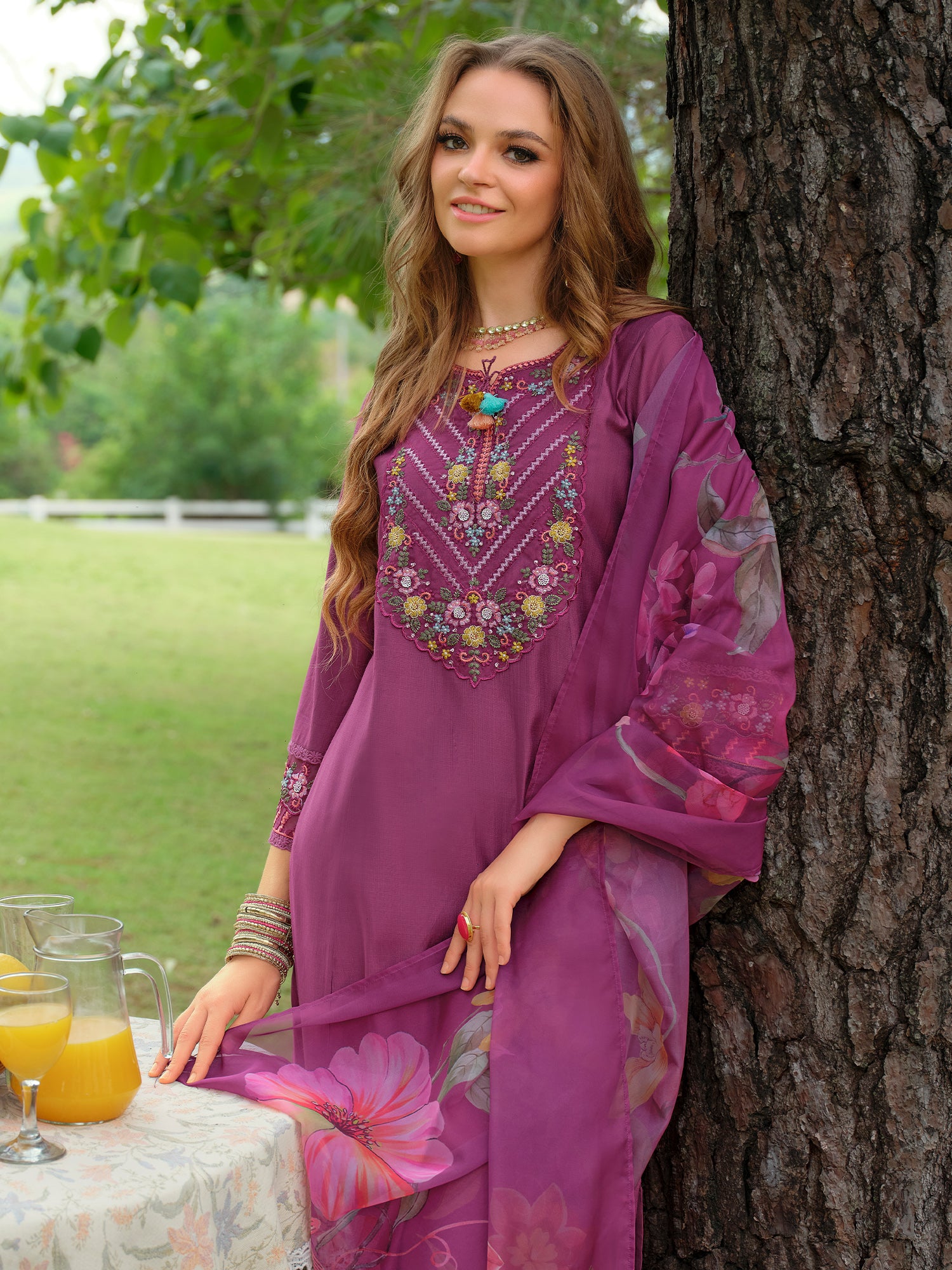 Indo Era Purple Embroidered A-Line Kurta Trousers With Dupatta Set- IE