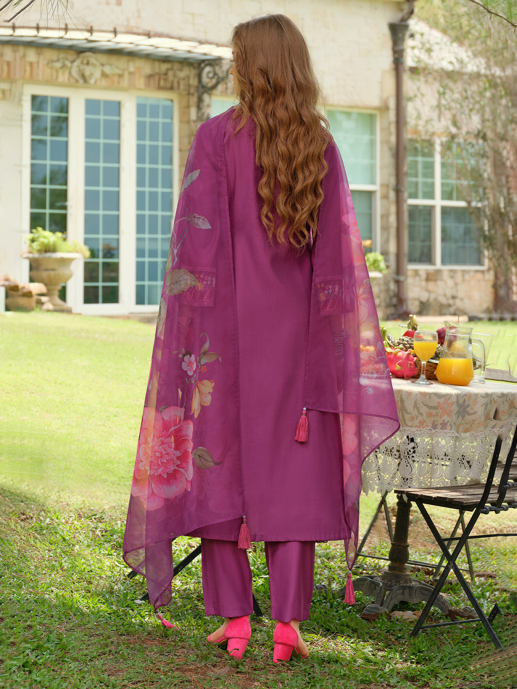 Indo Era Purple Embroidered A-Line Kurta Trousers With Dupatta Set- IE