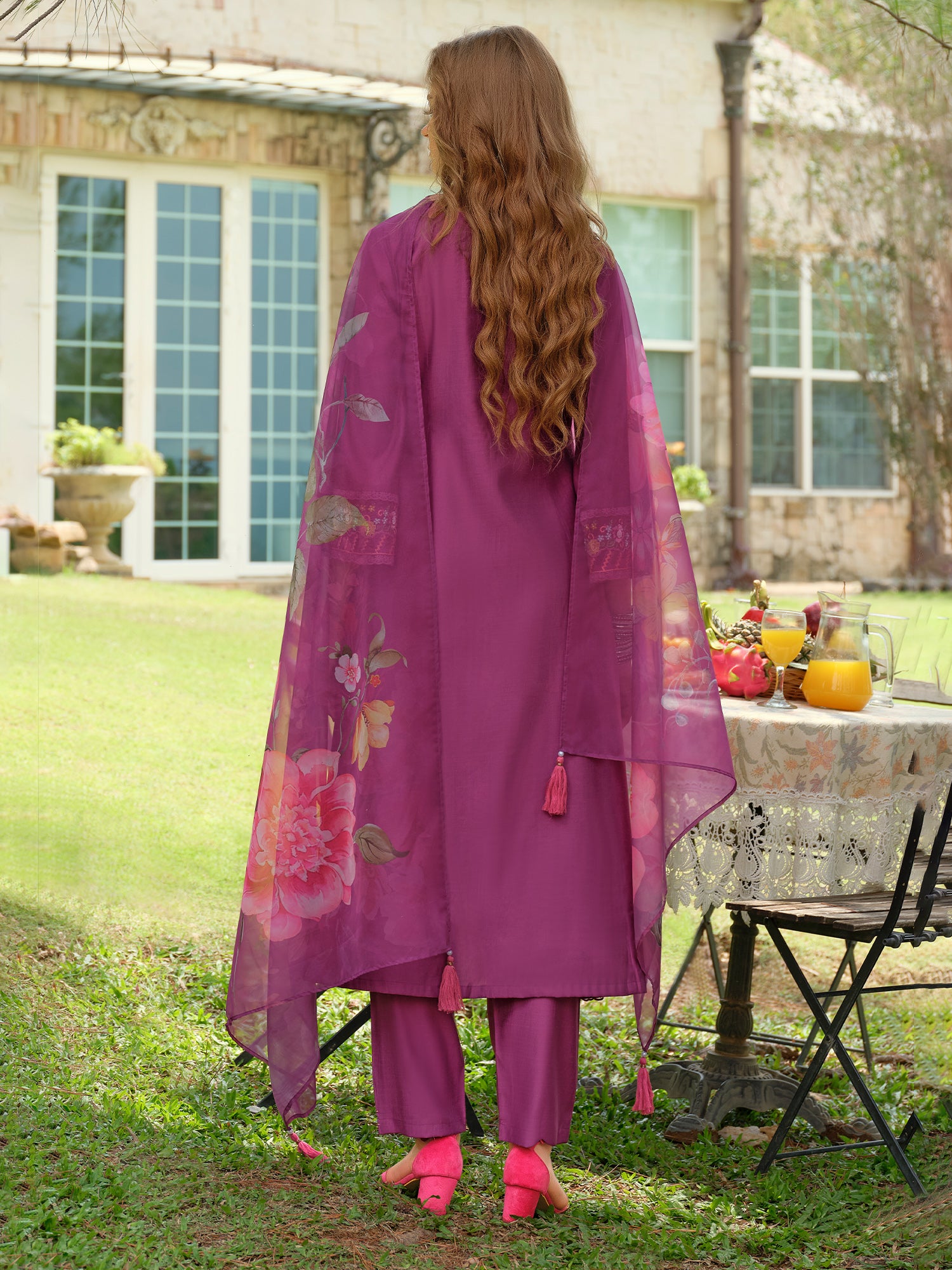 Indo Era Purple Embroidered A-Line Kurta Trousers With Dupatta Set- IE