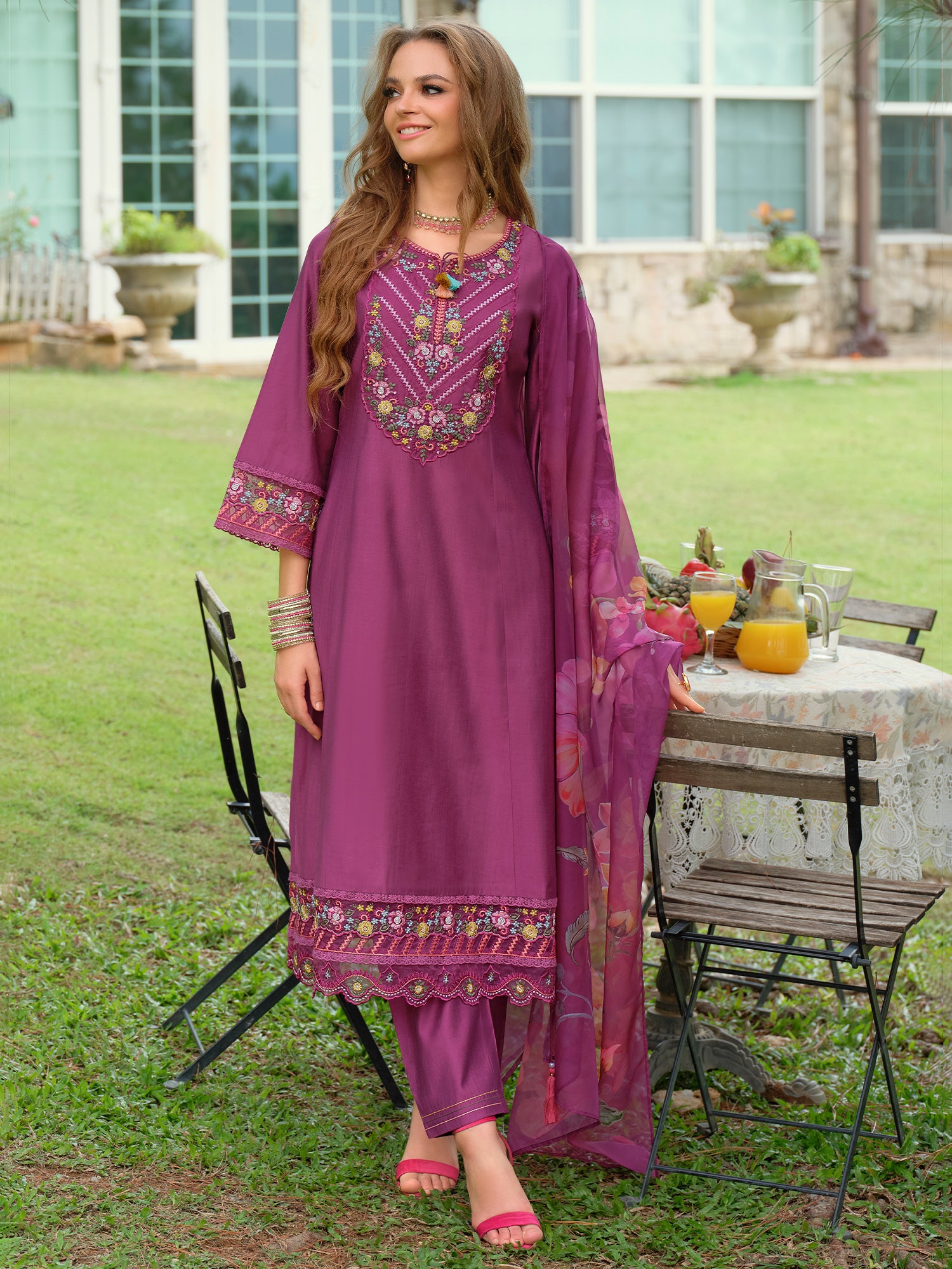 Indo Era Purple Embroidered A-Line Kurta Trousers With Dupatta Set- IE
