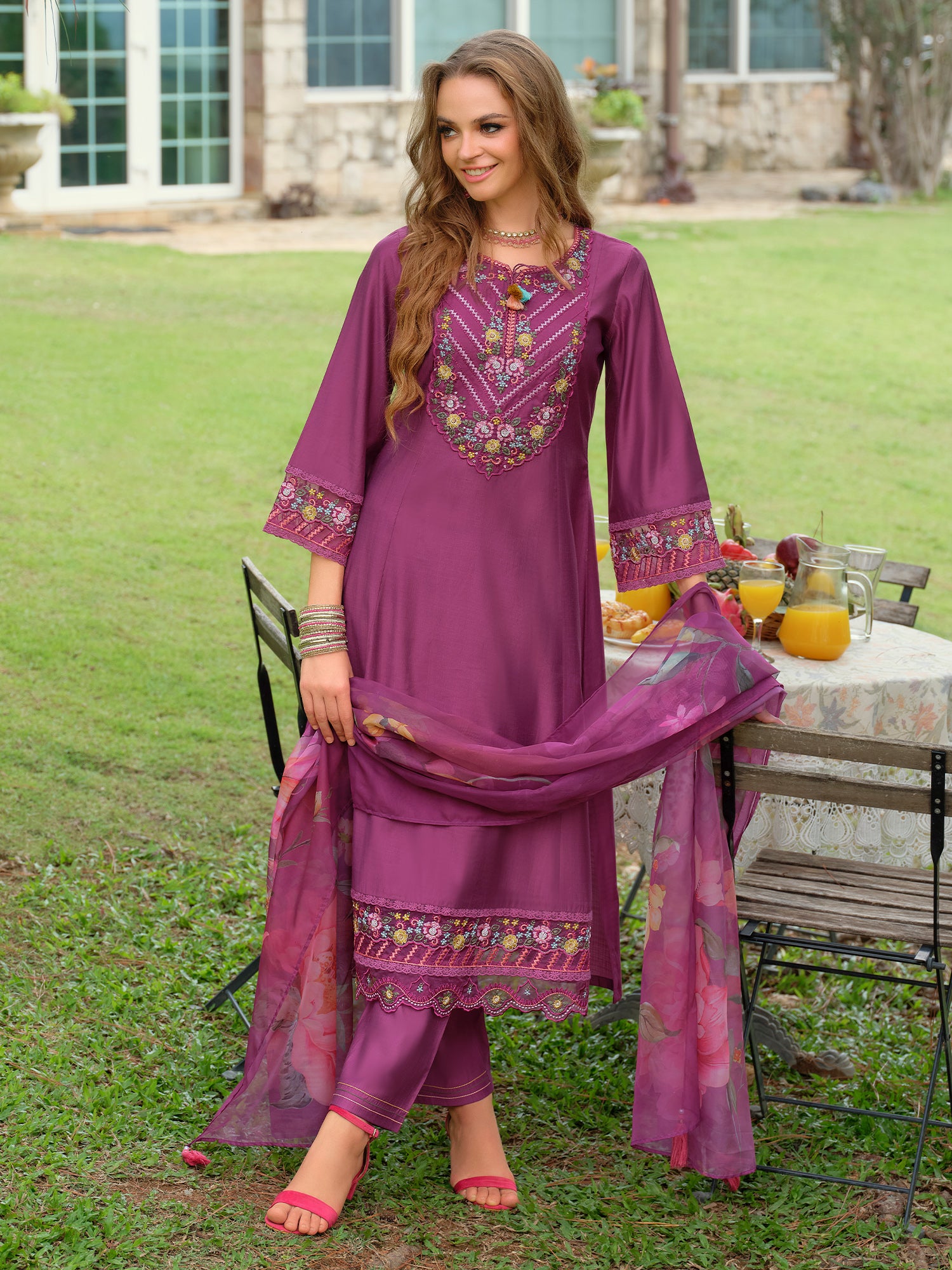 Indo Era Purple Embroidered A-Line Kurta Trousers With Dupatta Set- IE