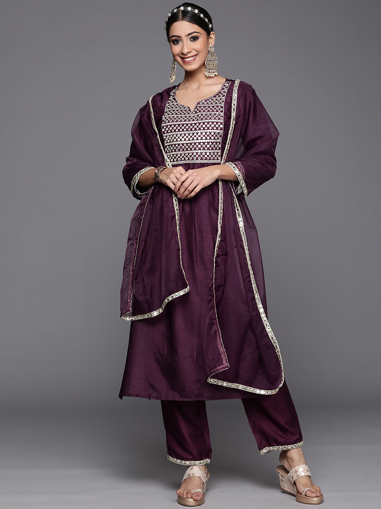 Purple Solid Straight Kurta Trouser With Dupatta Set