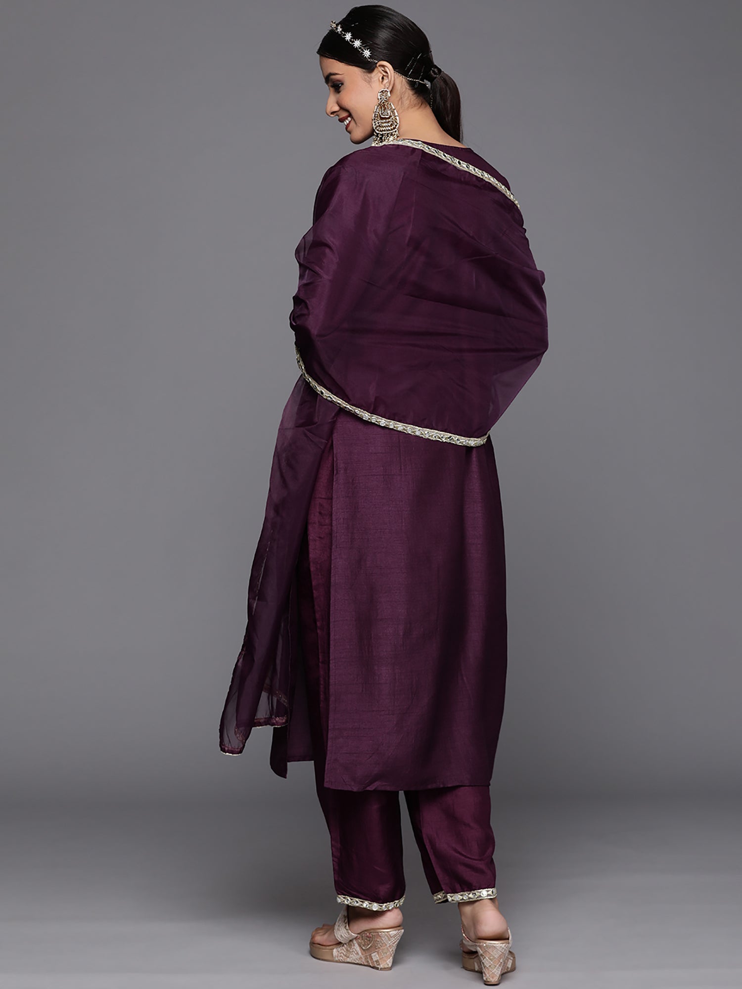 Purple Solid Straight Kurta Trouser With Dupatta Set