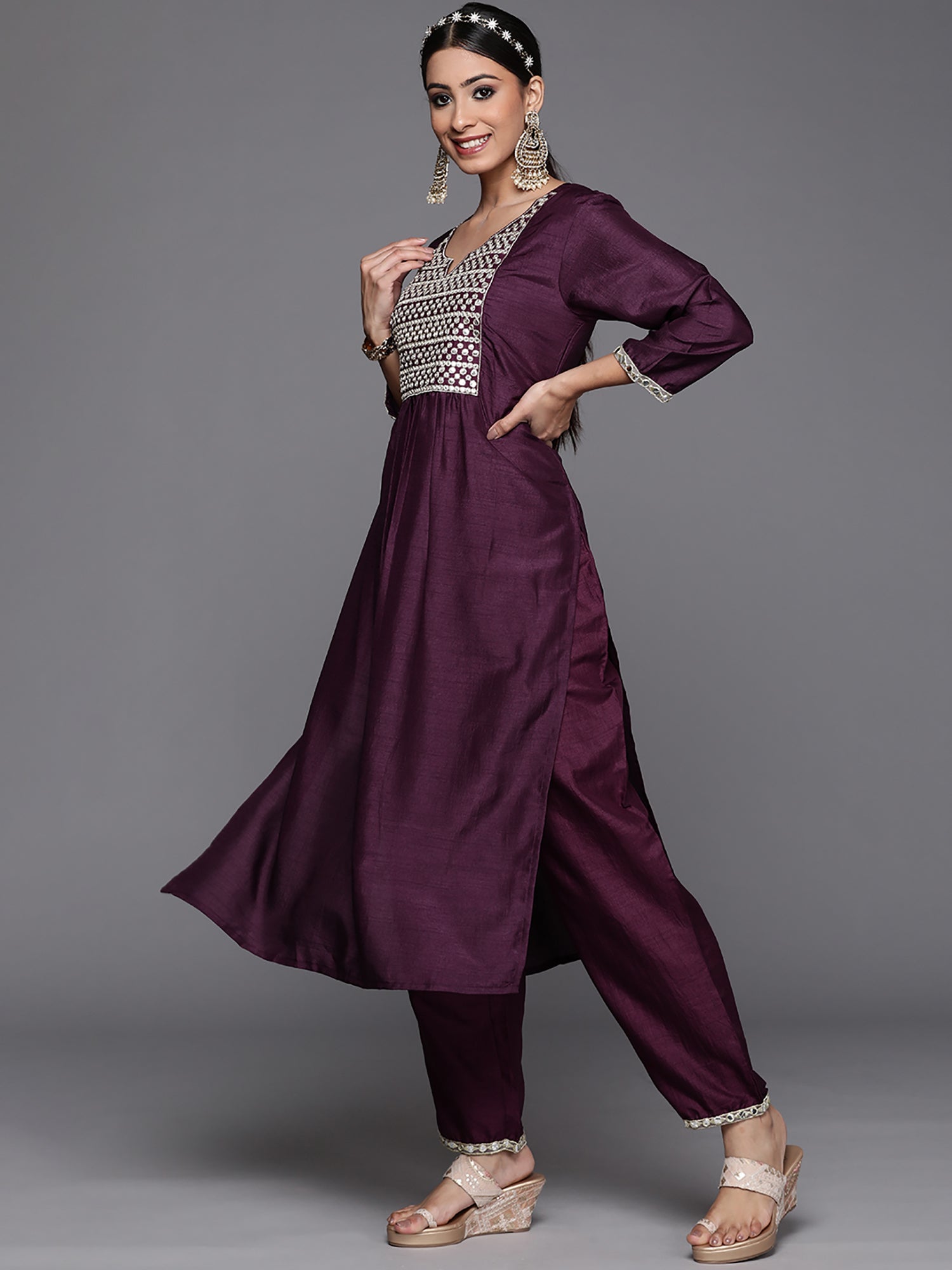 Purple Solid Straight Kurta Trouser With Dupatta Set