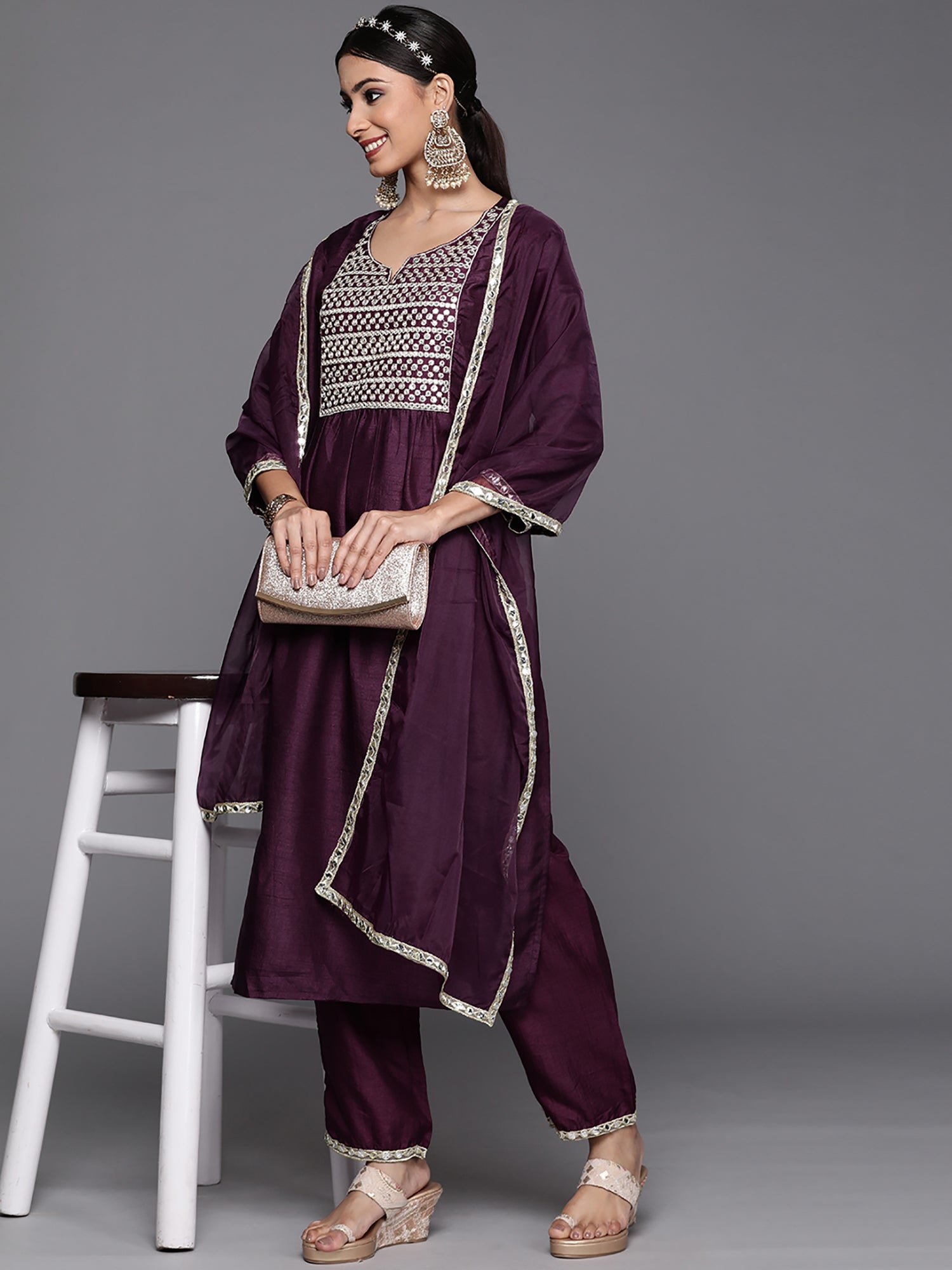 Purple Solid Straight Kurta Trouser With Dupatta Set