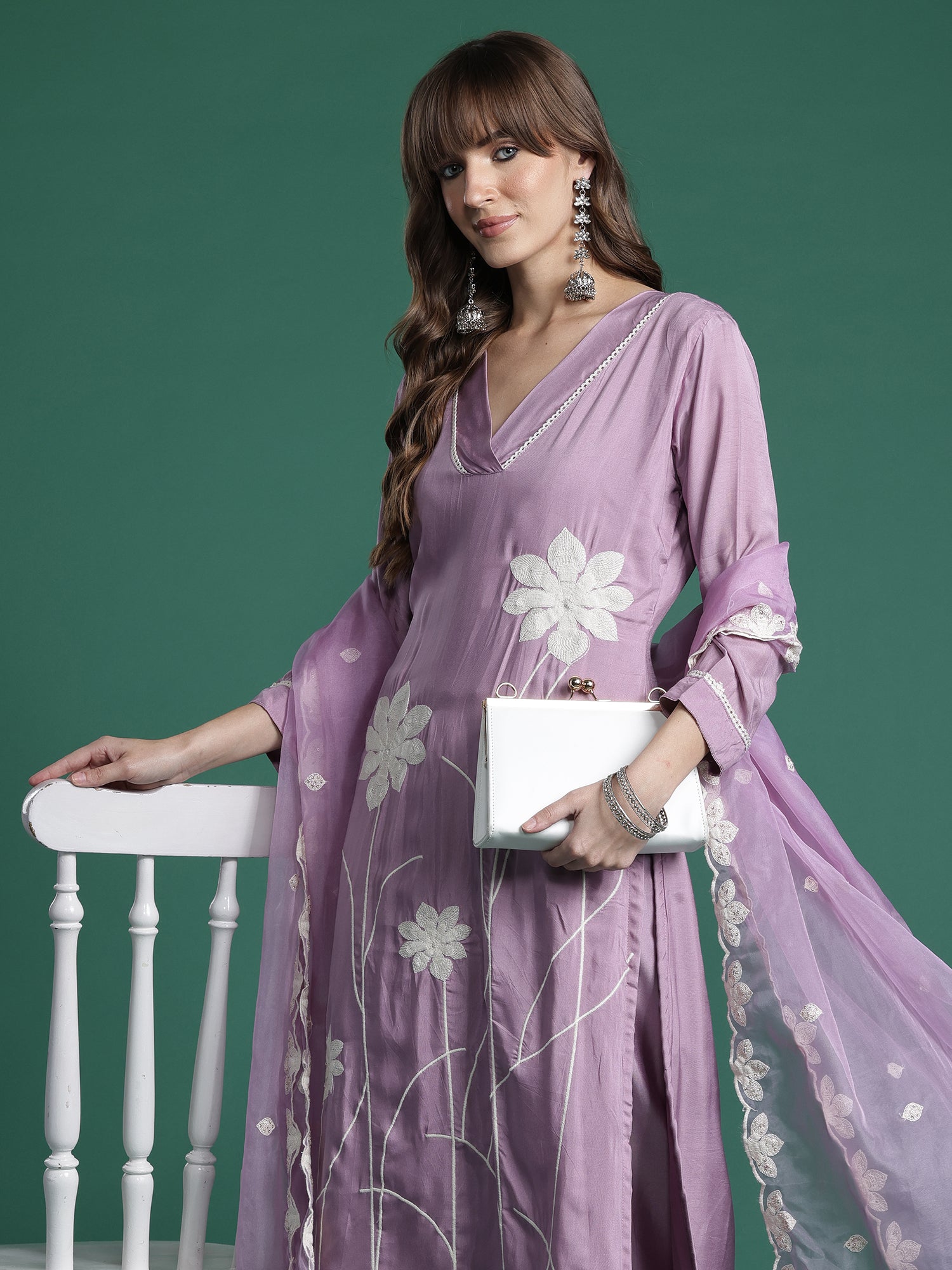 Indo era Purple Embroidered Straight Kurta Trousers With Dupatta Set- IE