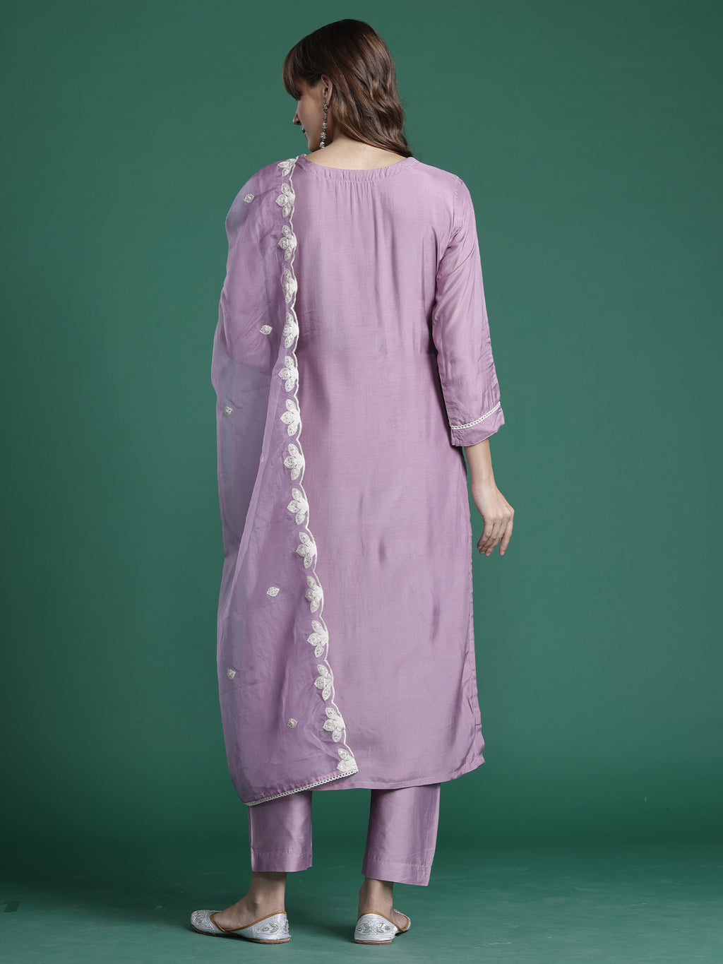 Indo era Purple Embroidered Straight Kurta Trousers With Dupatta Set- IE