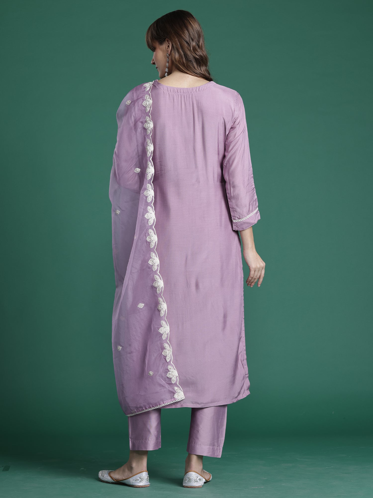 Indo era Purple Embroidered Straight Kurta Trousers With Dupatta Set- IE