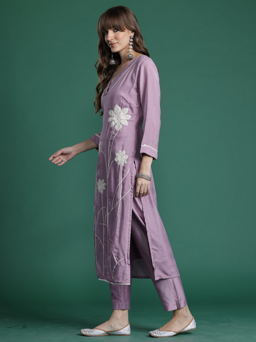 Indo era Purple Embroidered Straight Kurta Trousers With Dupatta Set- IE