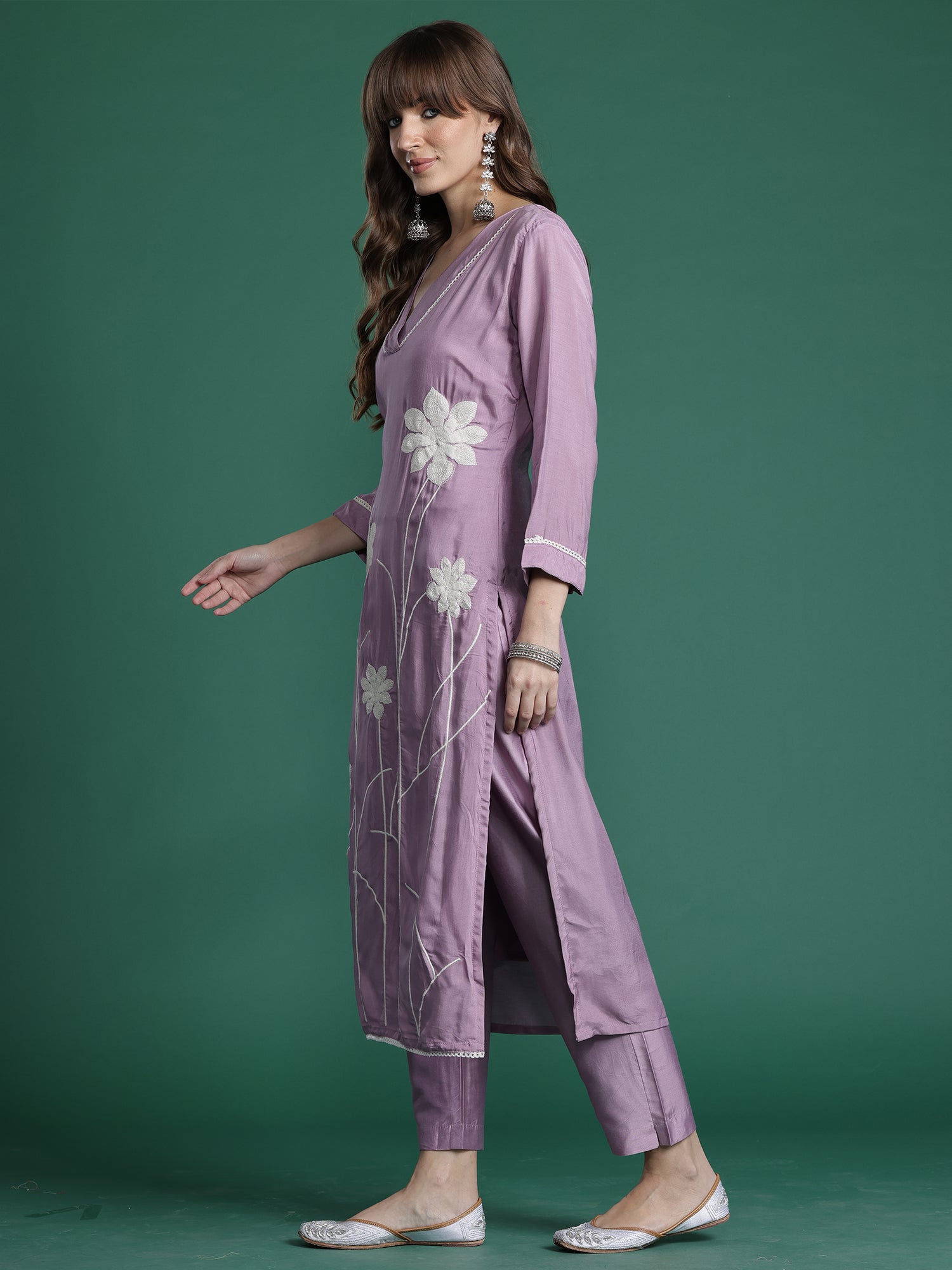 Indo era Purple Embroidered Straight Kurta Trousers With Dupatta Set- IE