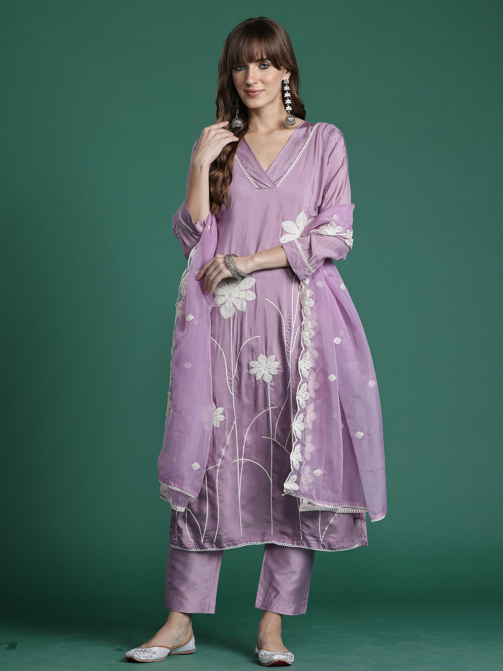 Indo era Purple Embroidered Straight Kurta Trousers With Dupatta Set- IE