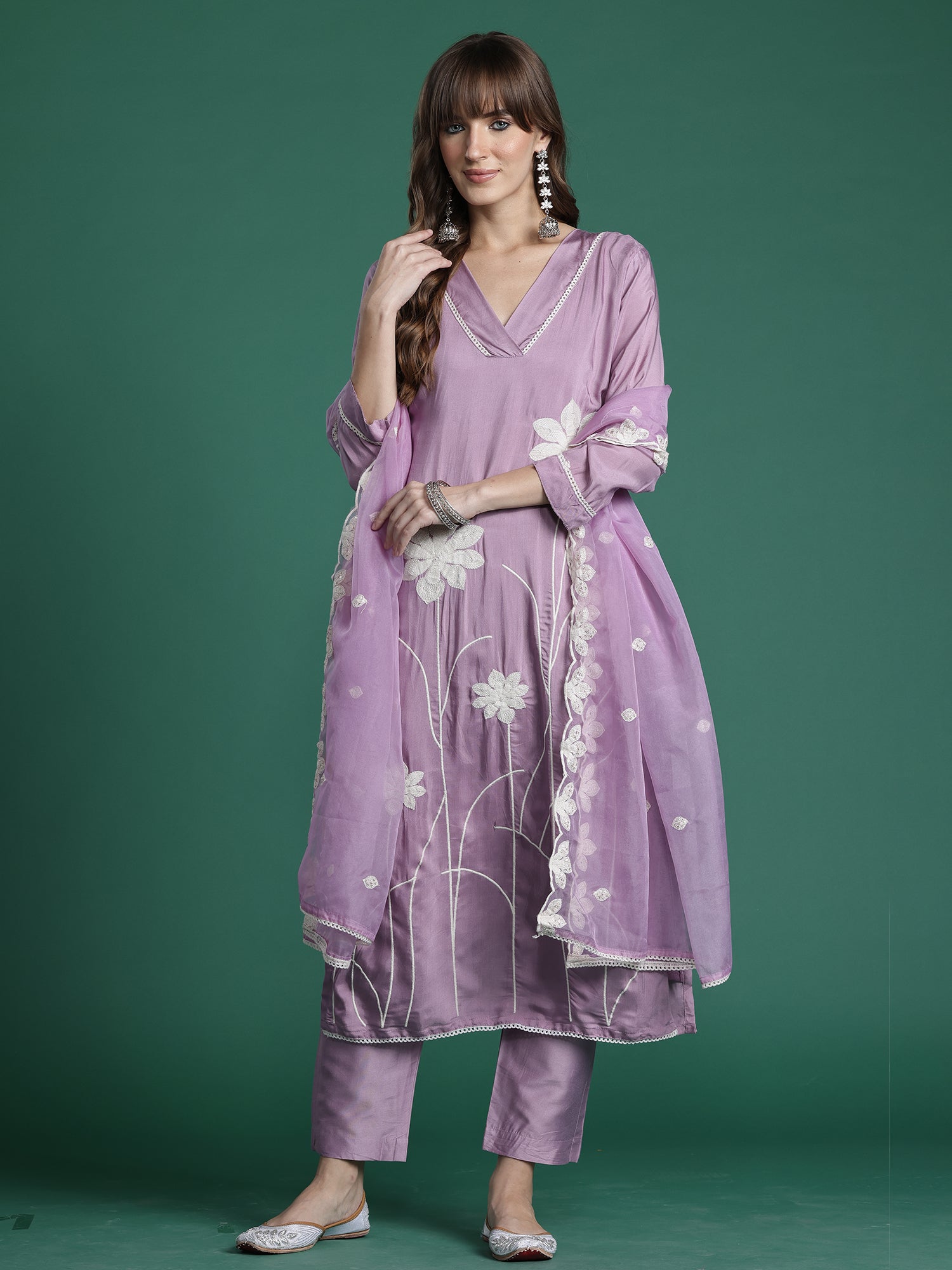 Indo era Purple Embroidered Straight Kurta Trousers With Dupatta Set- IE