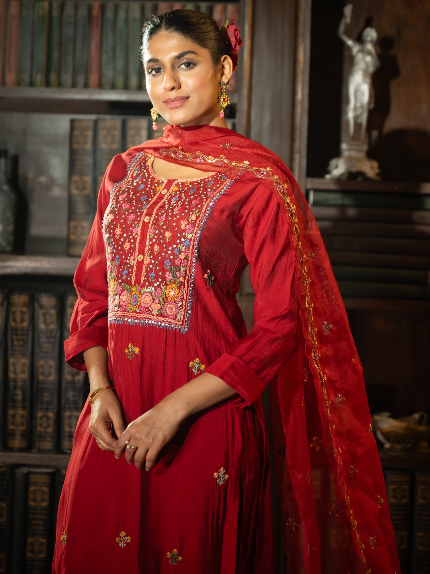 Indo era Red Embroidered Straight Kurta Trousers With Dupatta Set- IE
