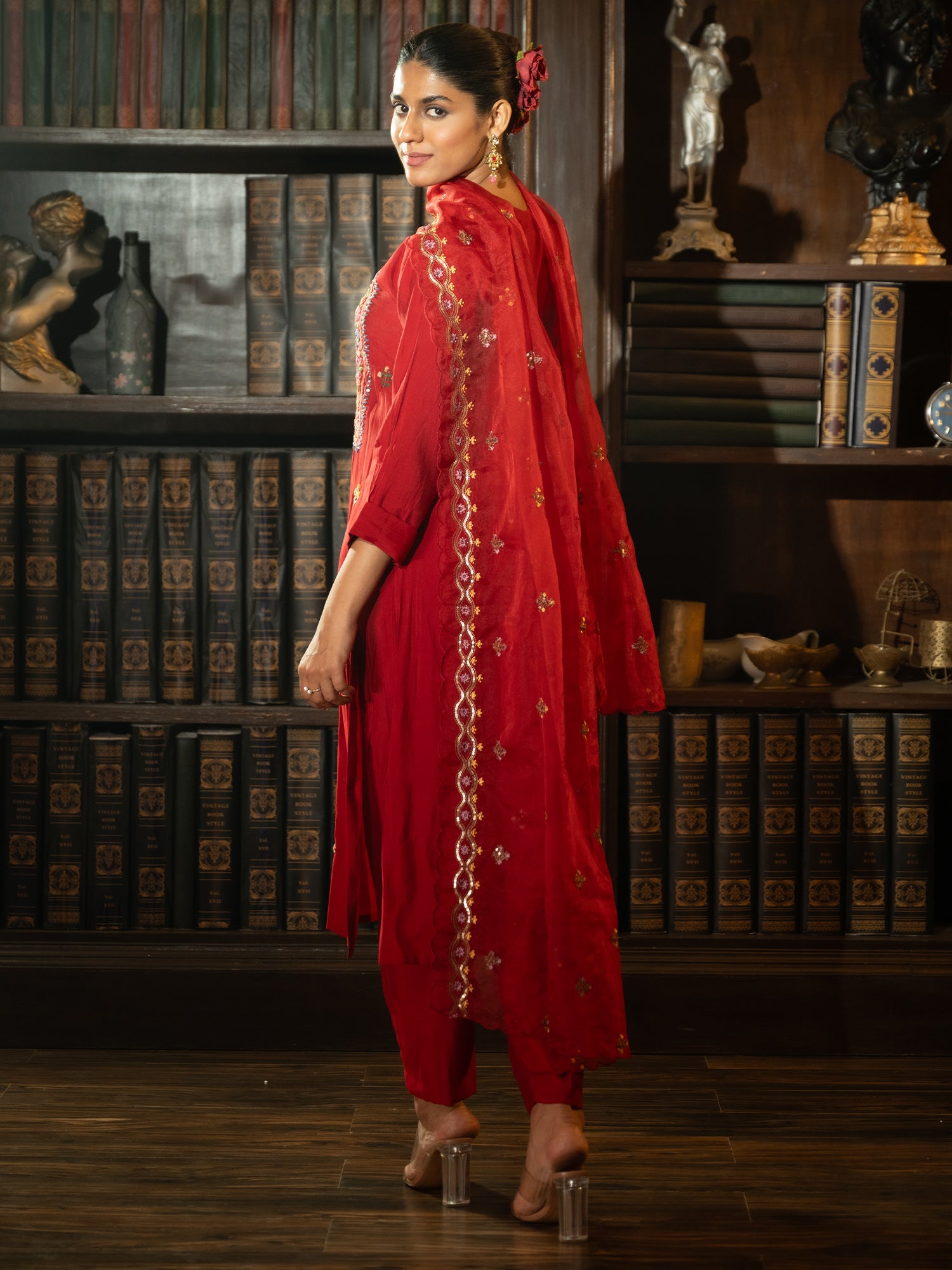 Indo era Red Embroidered Straight Kurta Trousers With Dupatta Set- IE