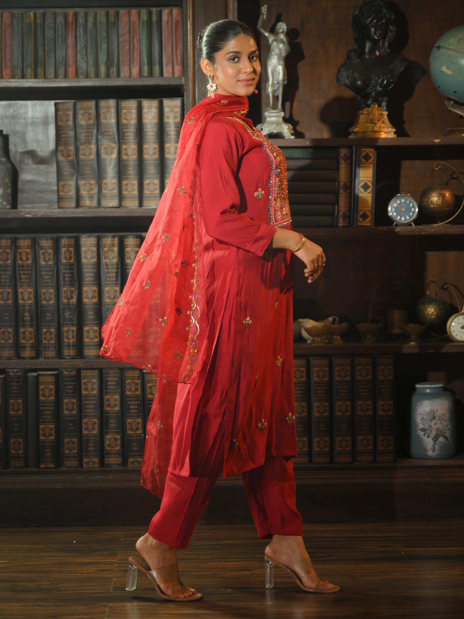Indo era Red Embroidered Straight Kurta Trousers With Dupatta Set- IE