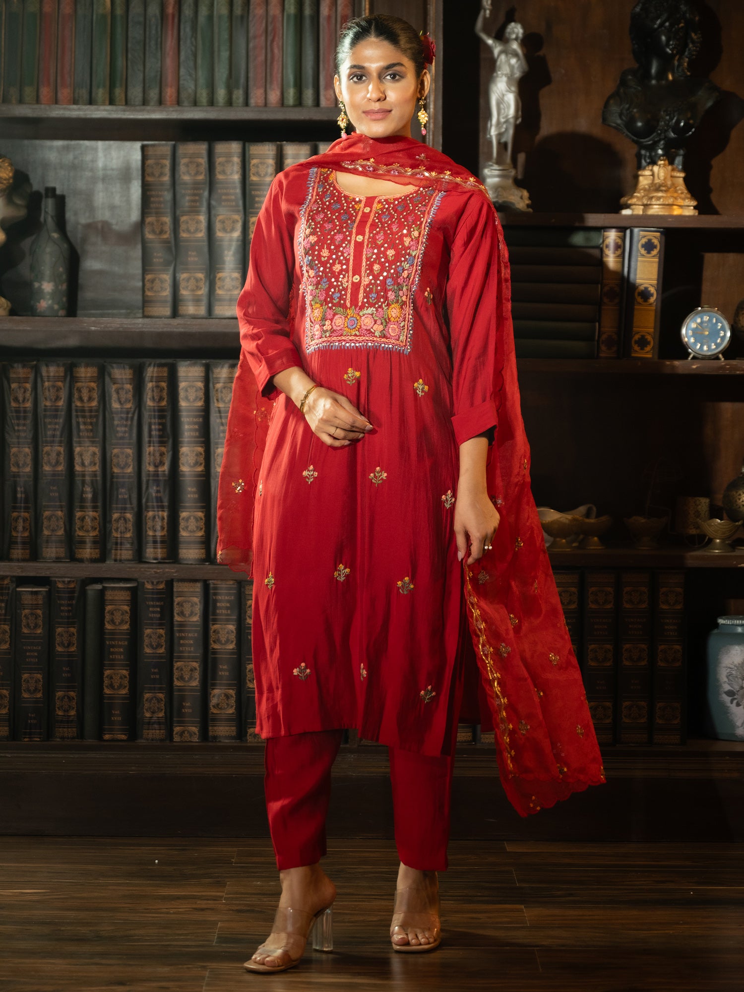 Indo era Red Embroidered Straight Kurta Trousers With Dupatta Set- IE
