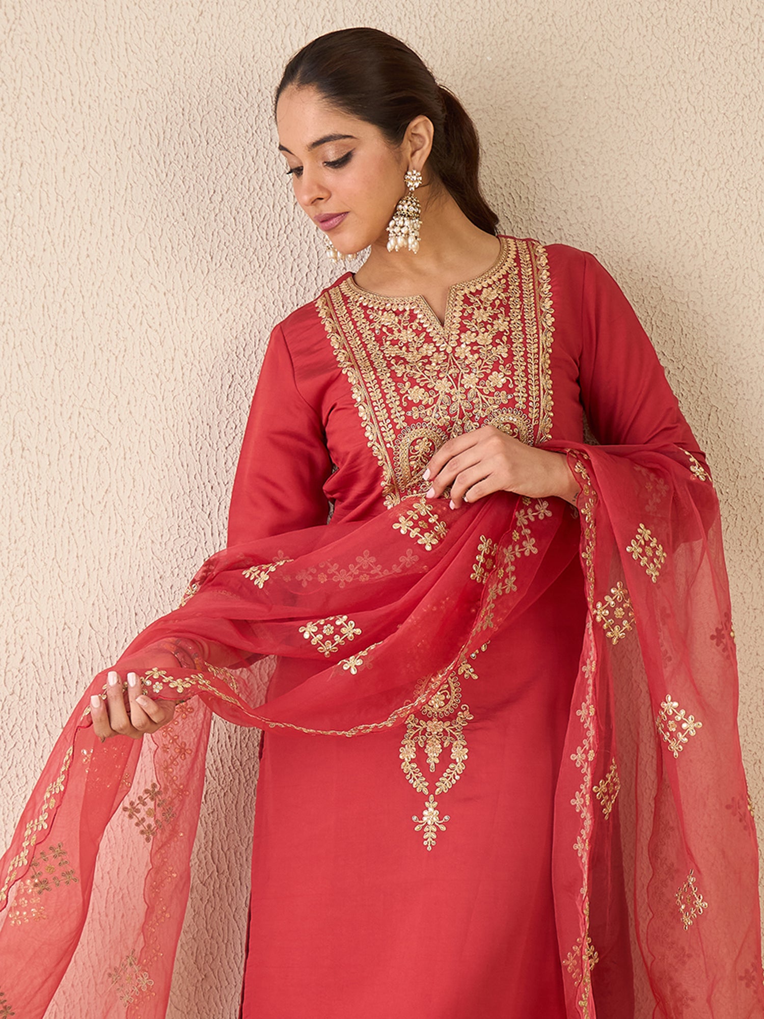 Indo Era Red Embroidered Straight Kurta Trousers With Dupatta set- IE