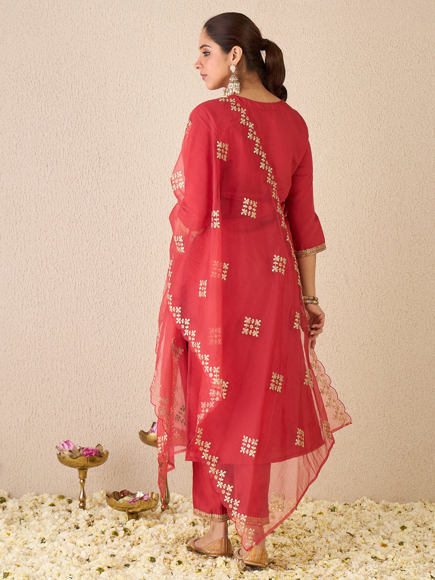 Indo Era Red Embroidered Straight Kurta Trousers With Dupatta set- IE