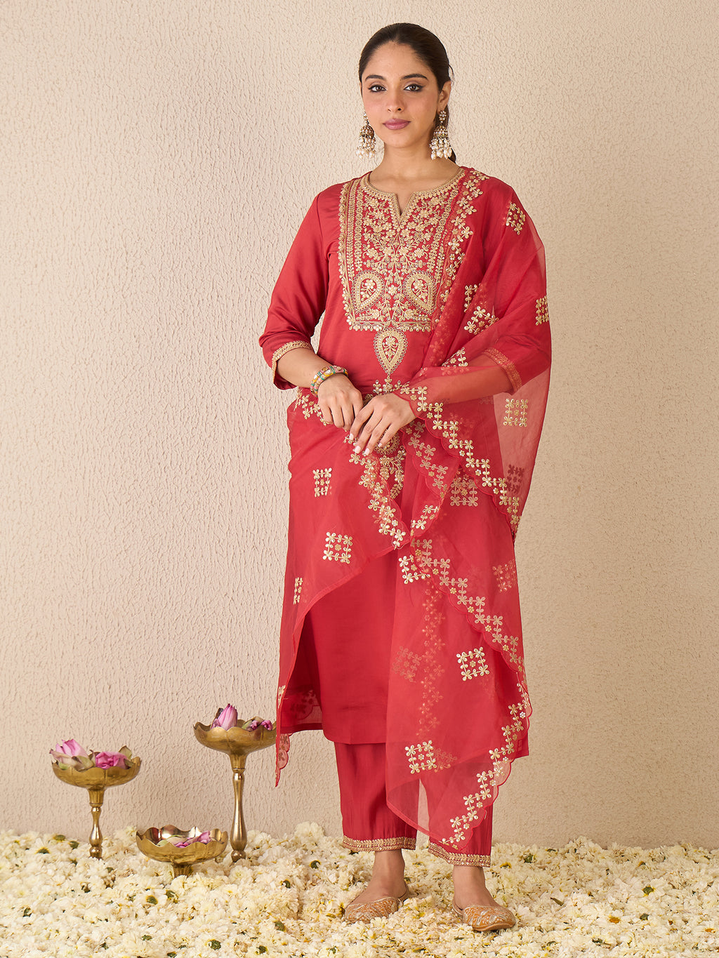 Indo Era Red Embroidered Straight Kurta Trousers With Dupatta set- IE