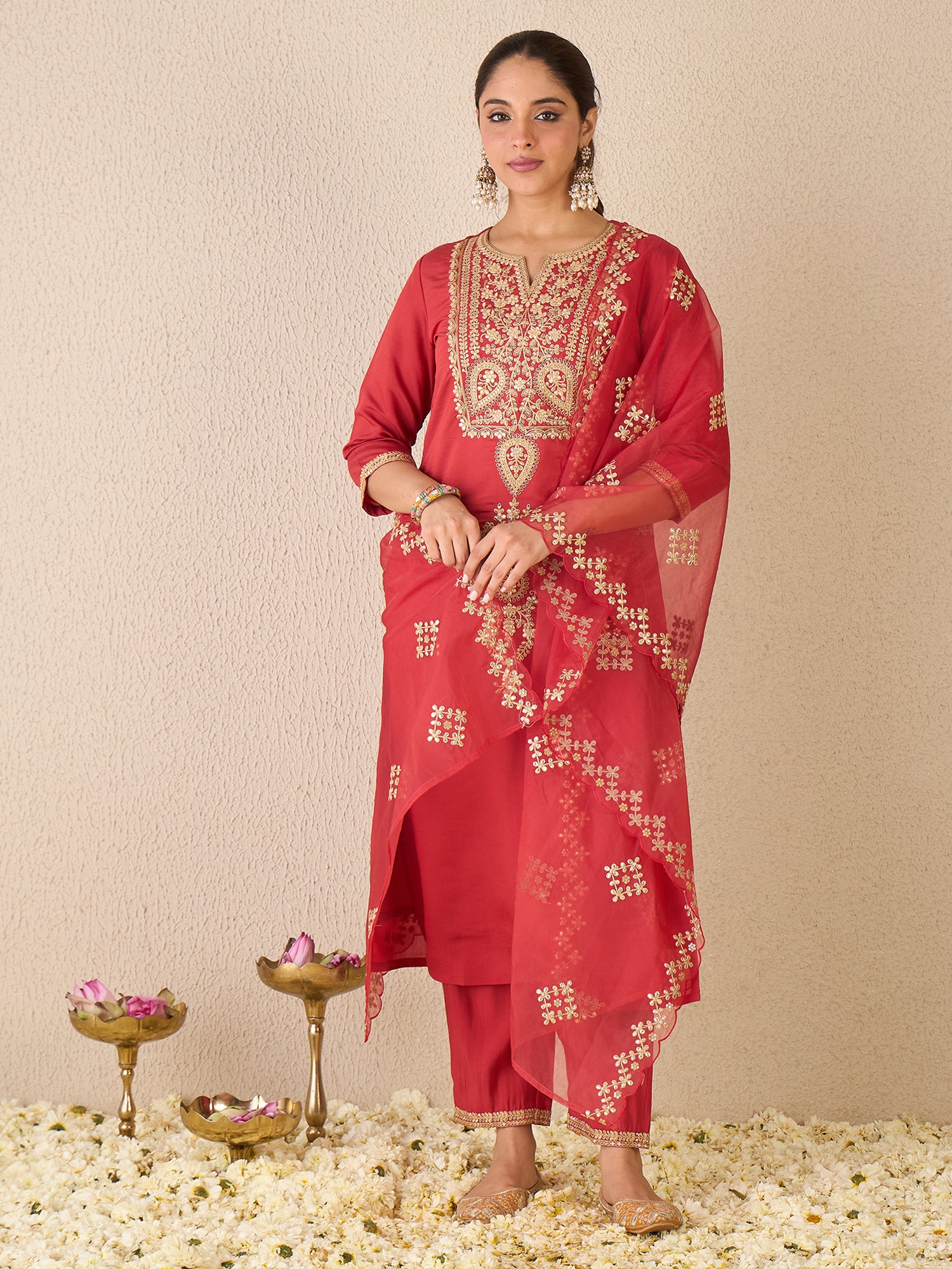 Indo Era Red Embroidered Straight Kurta Trousers With Dupatta set- IE