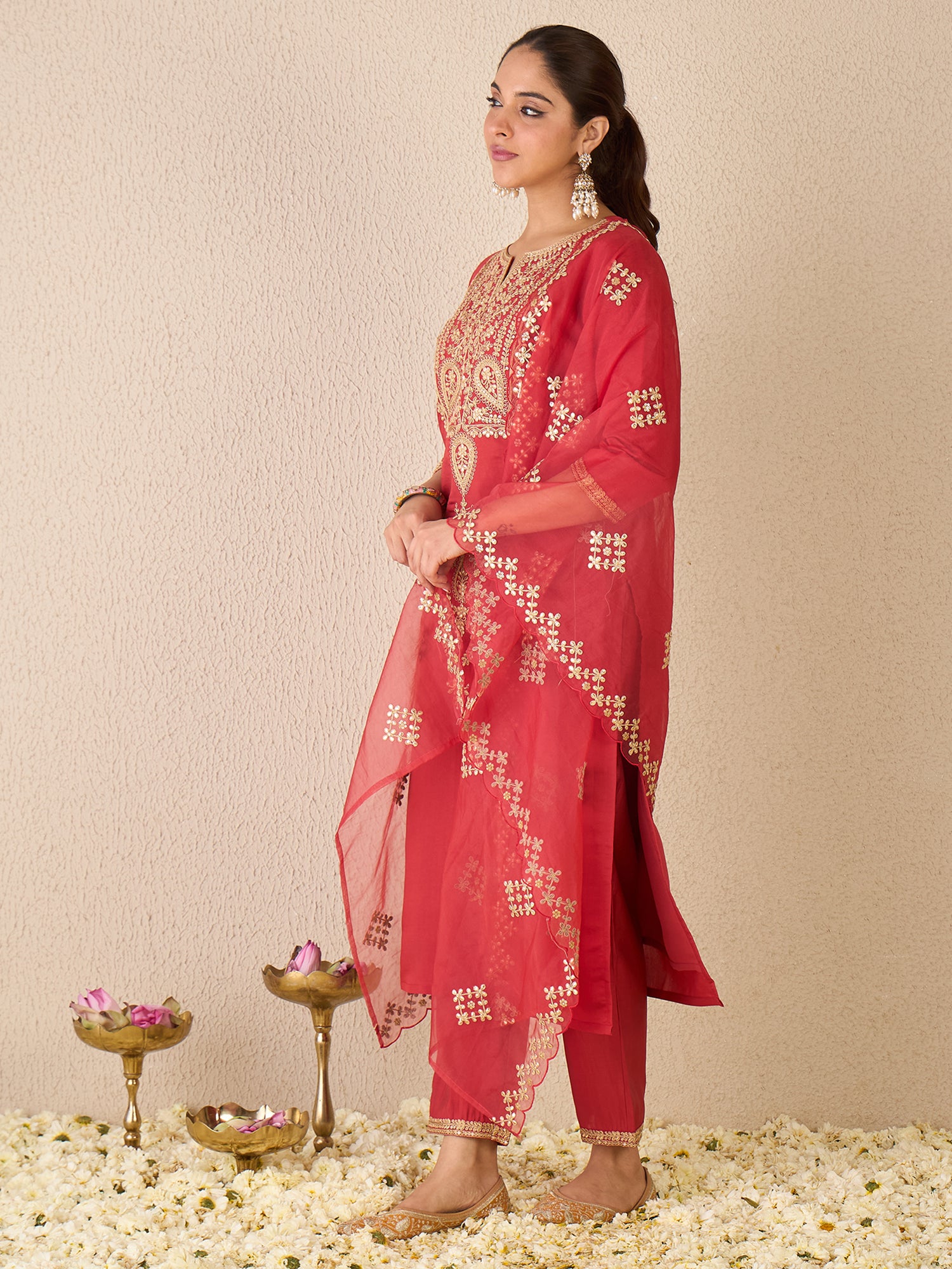 Indo Era Red Embroidered Straight Kurta Trousers With Dupatta set- IE