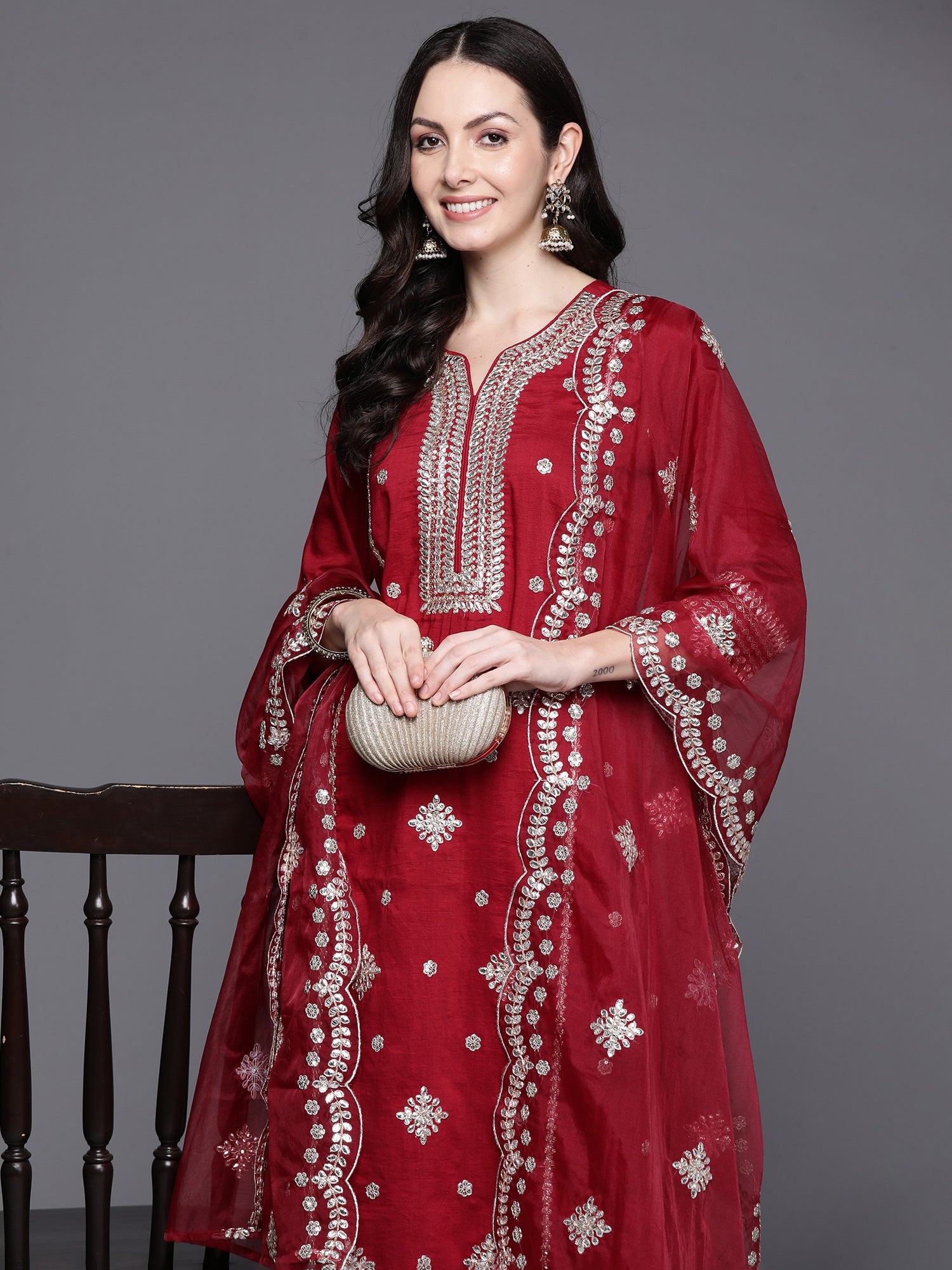 Red Embroidered Straight Kurta Trousers With Dupatta Set