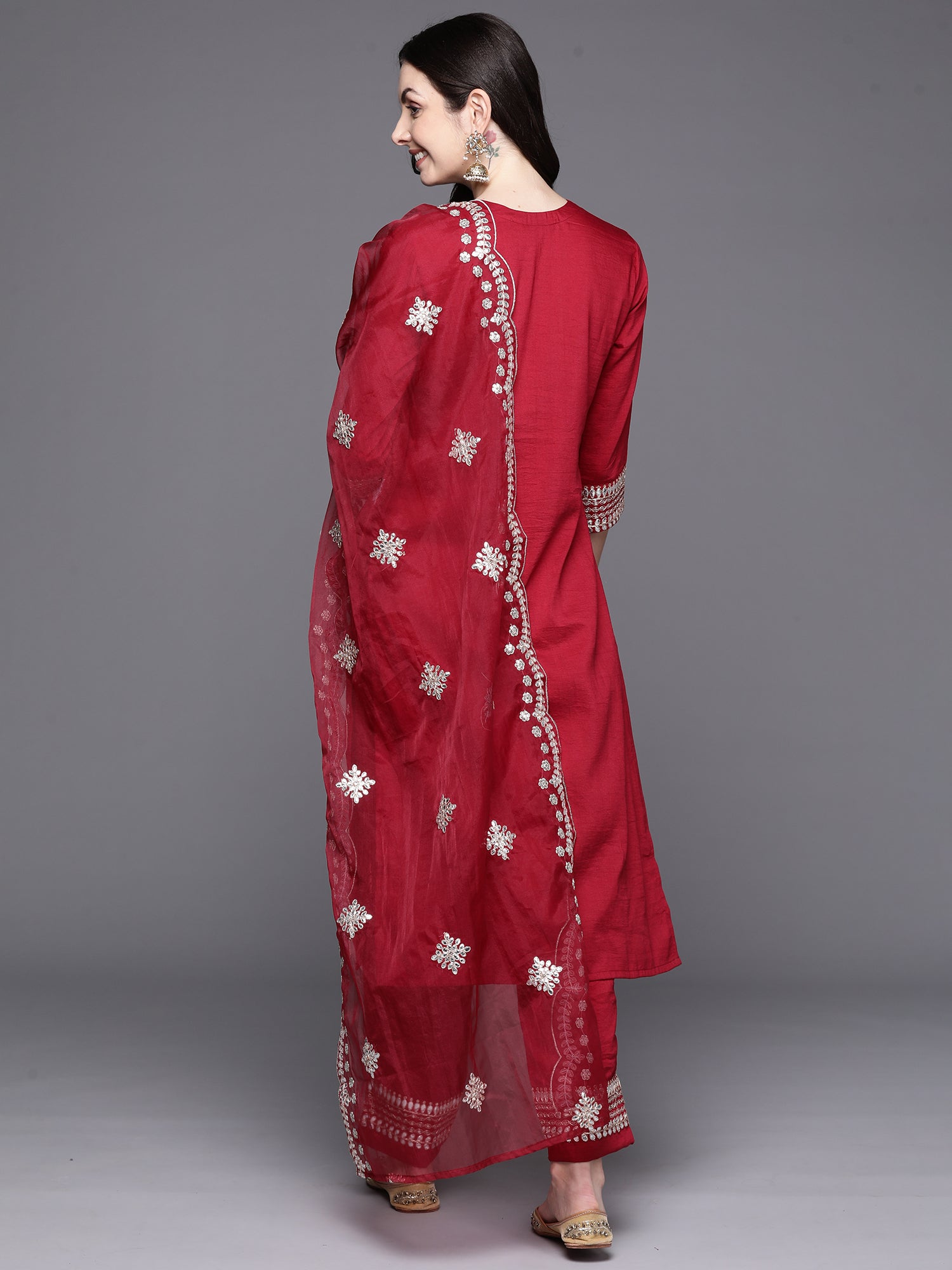 Red Embroidered Straight Kurta Trousers With Dupatta Set