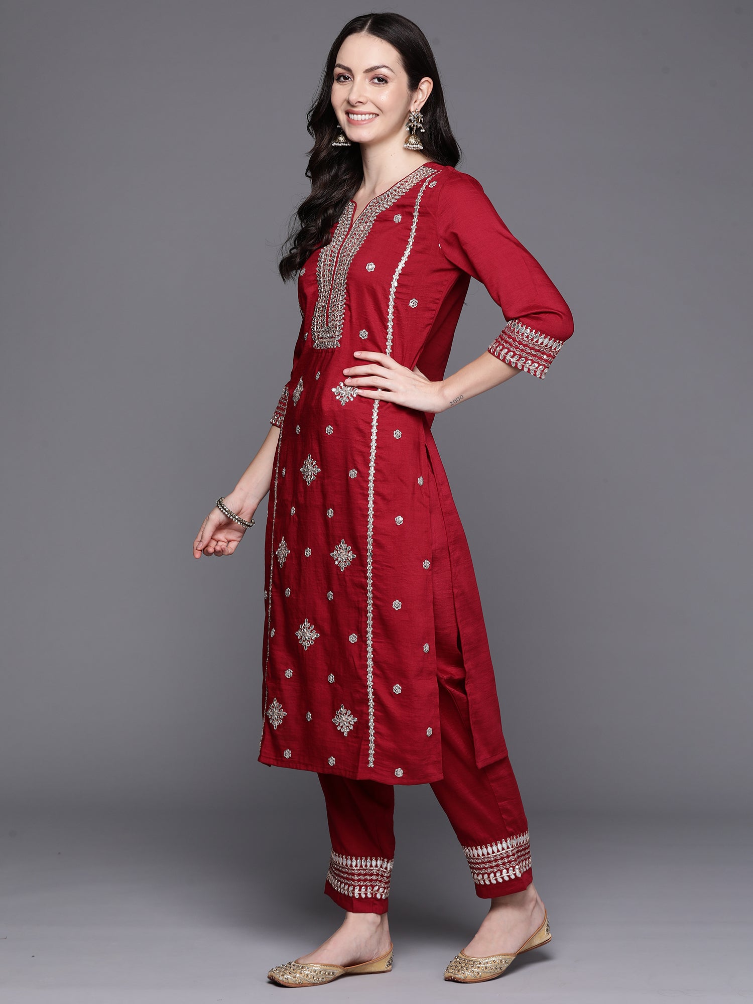 Red Embroidered Straight Kurta Trousers With Dupatta Set