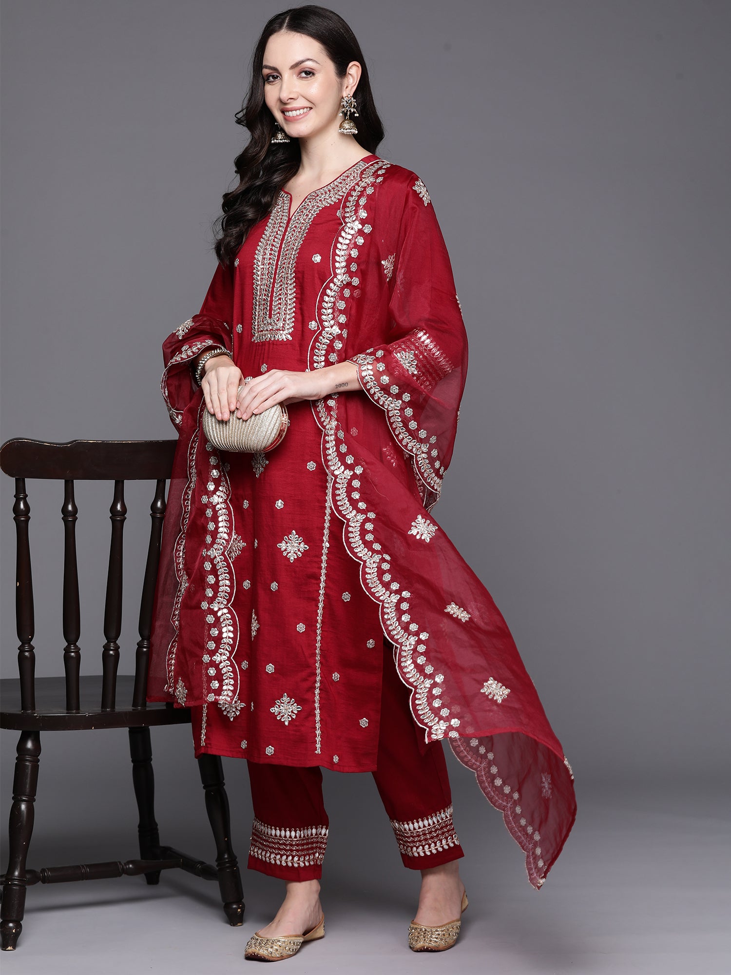 Red Embroidered Straight Kurta Trousers With Dupatta Set