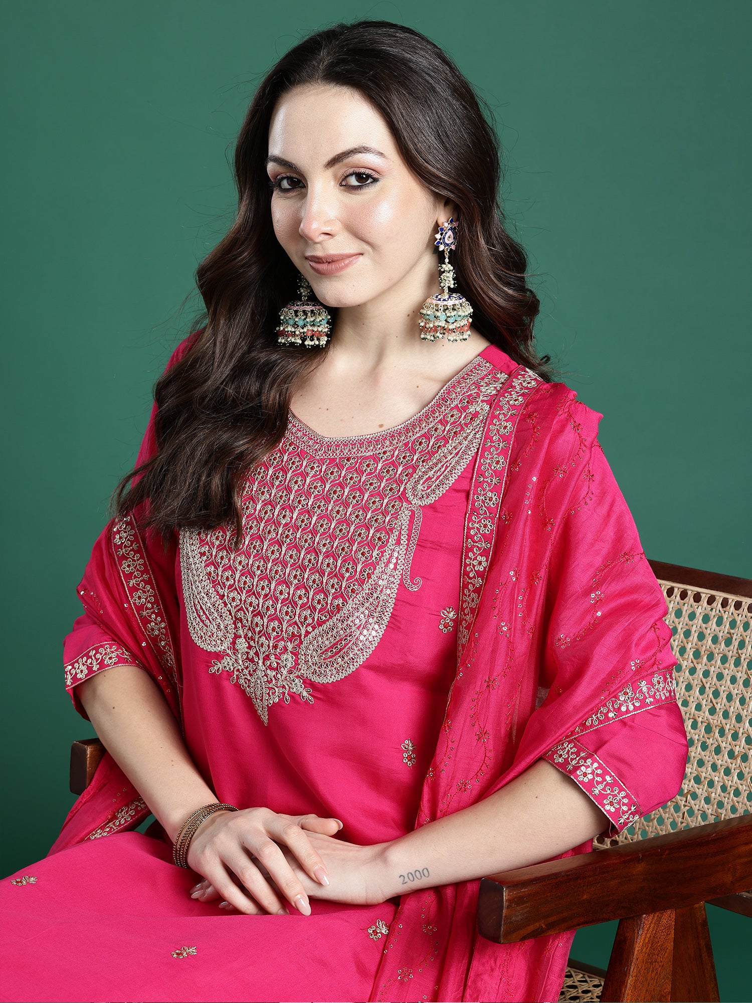Indo Era Pink Embroidered Straight Kurta Trousers With Dupatta Set- IE