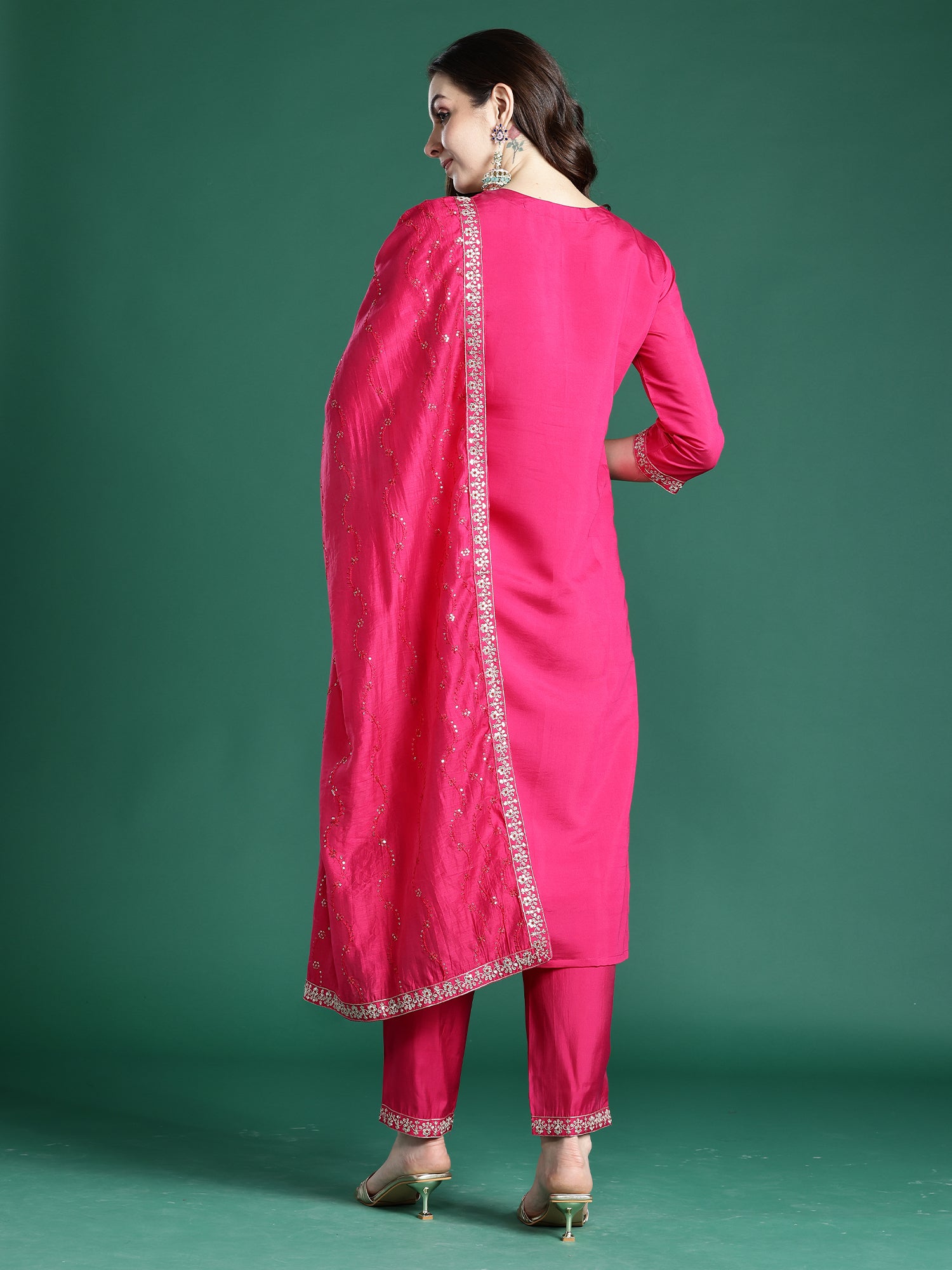 Indo Era Pink Embroidered Straight Kurta Trousers With Dupatta Set- IE
