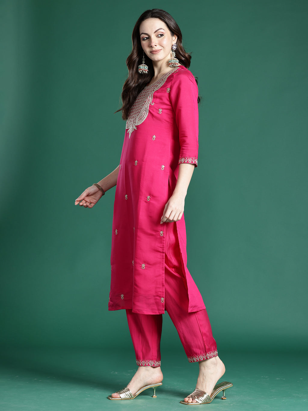 Indo Era Pink Embroidered Straight Kurta Trousers With Dupatta Set- IE