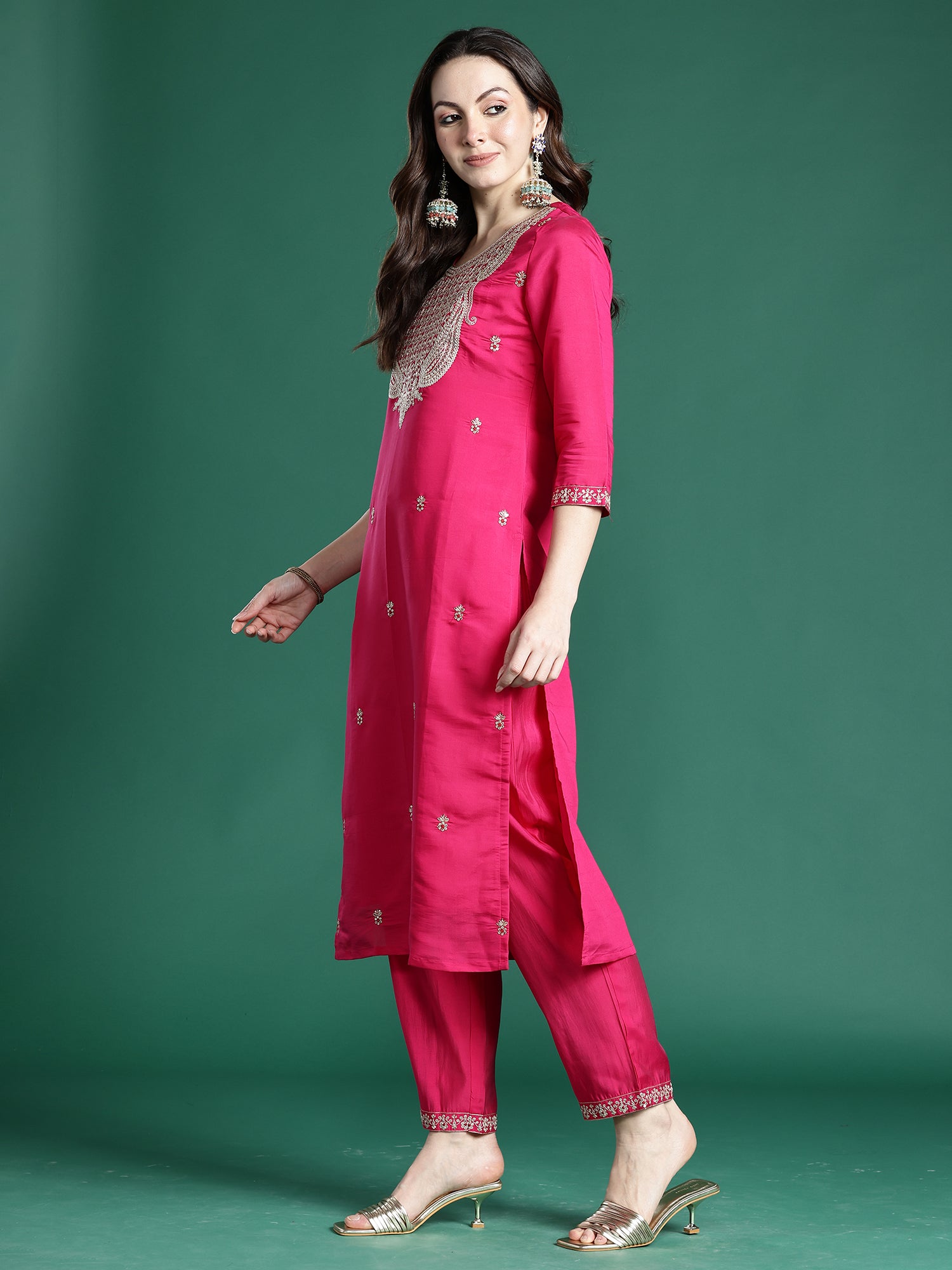 Indo Era Pink Embroidered Straight Kurta Trousers With Dupatta Set- IE