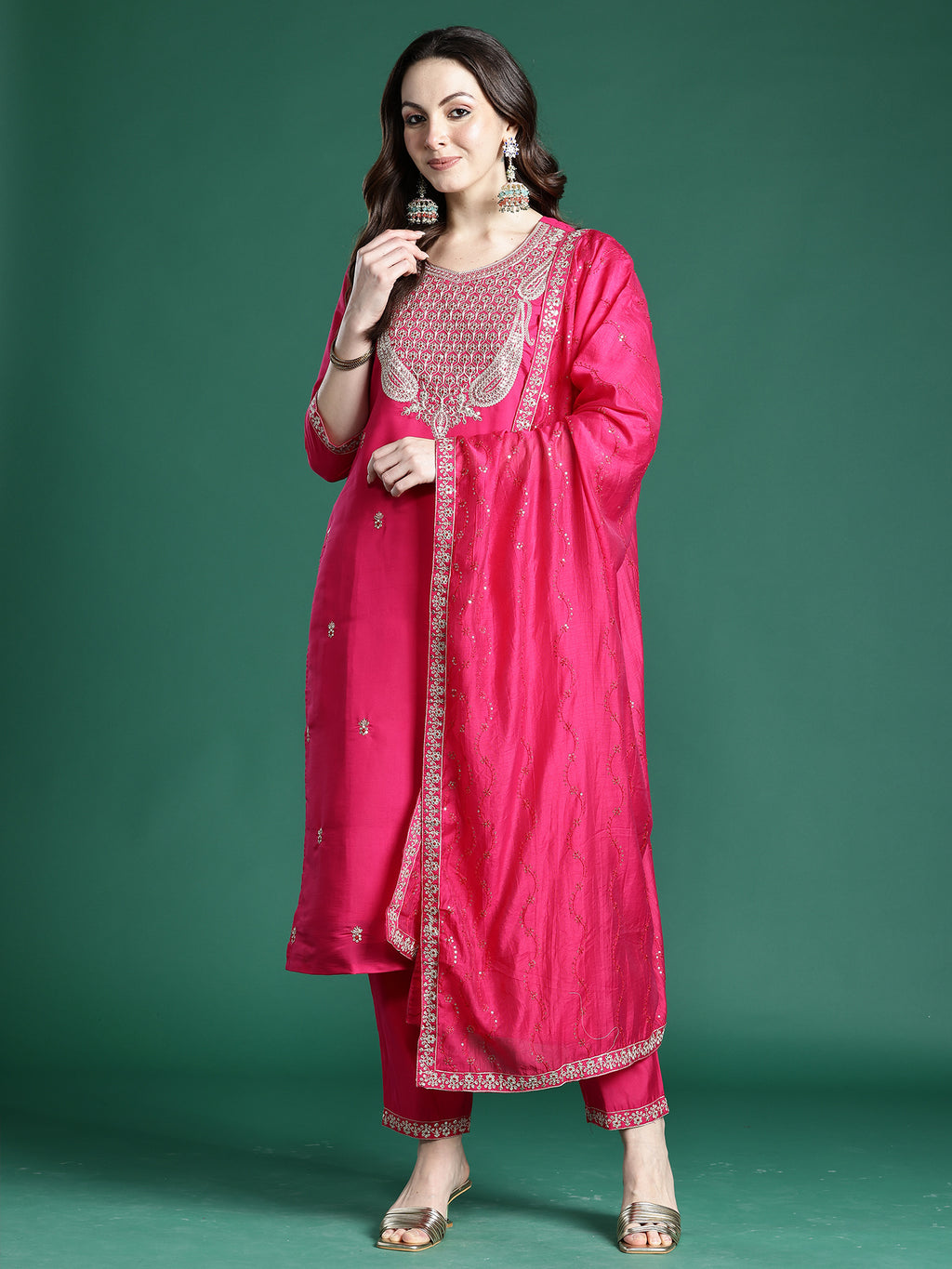 Indo Era Pink Embroidered Straight Kurta Trousers With Dupatta Set- IE