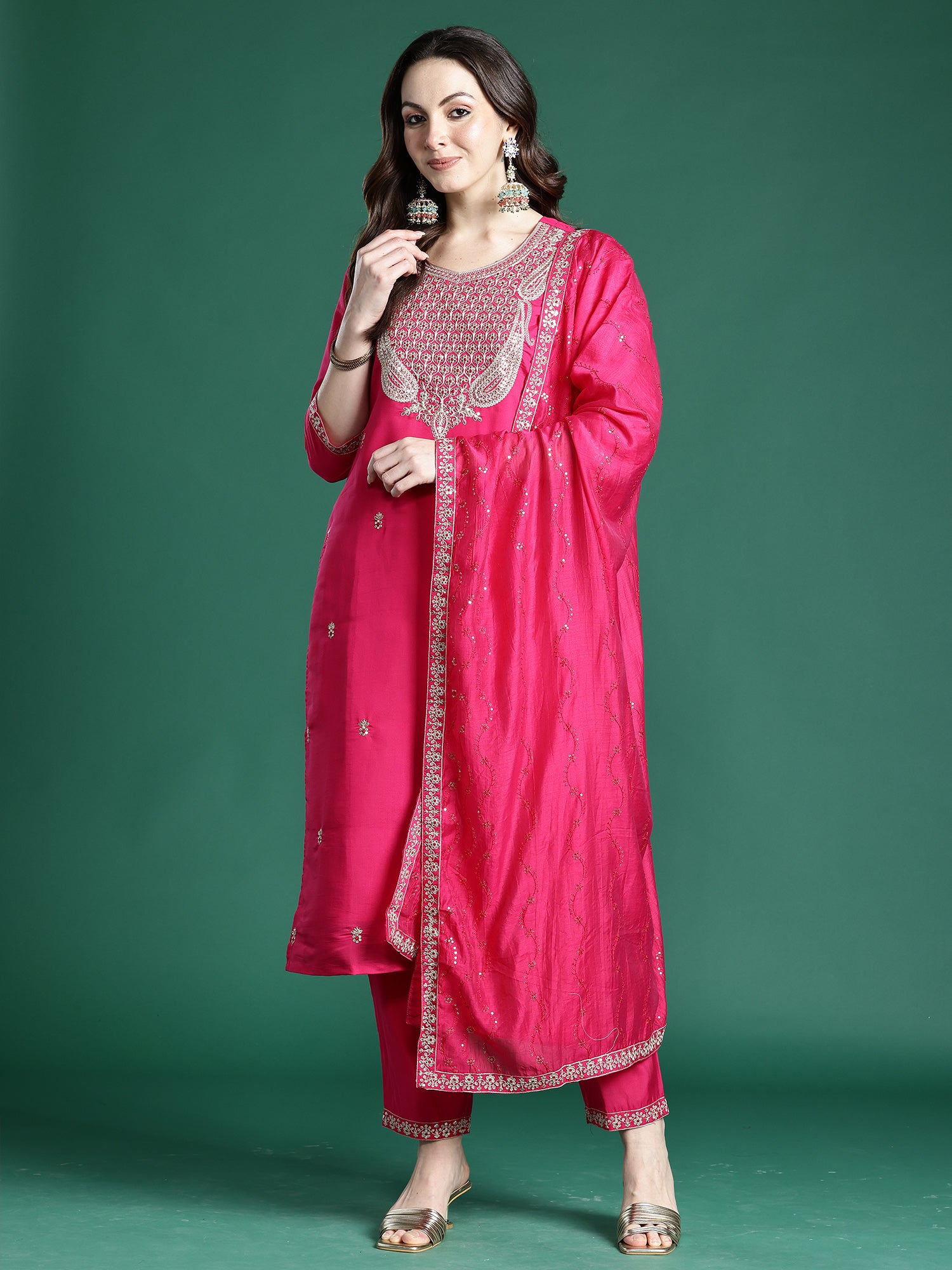 Indo Era Pink Embroidered Straight Kurta Trousers With Dupatta Set- IE