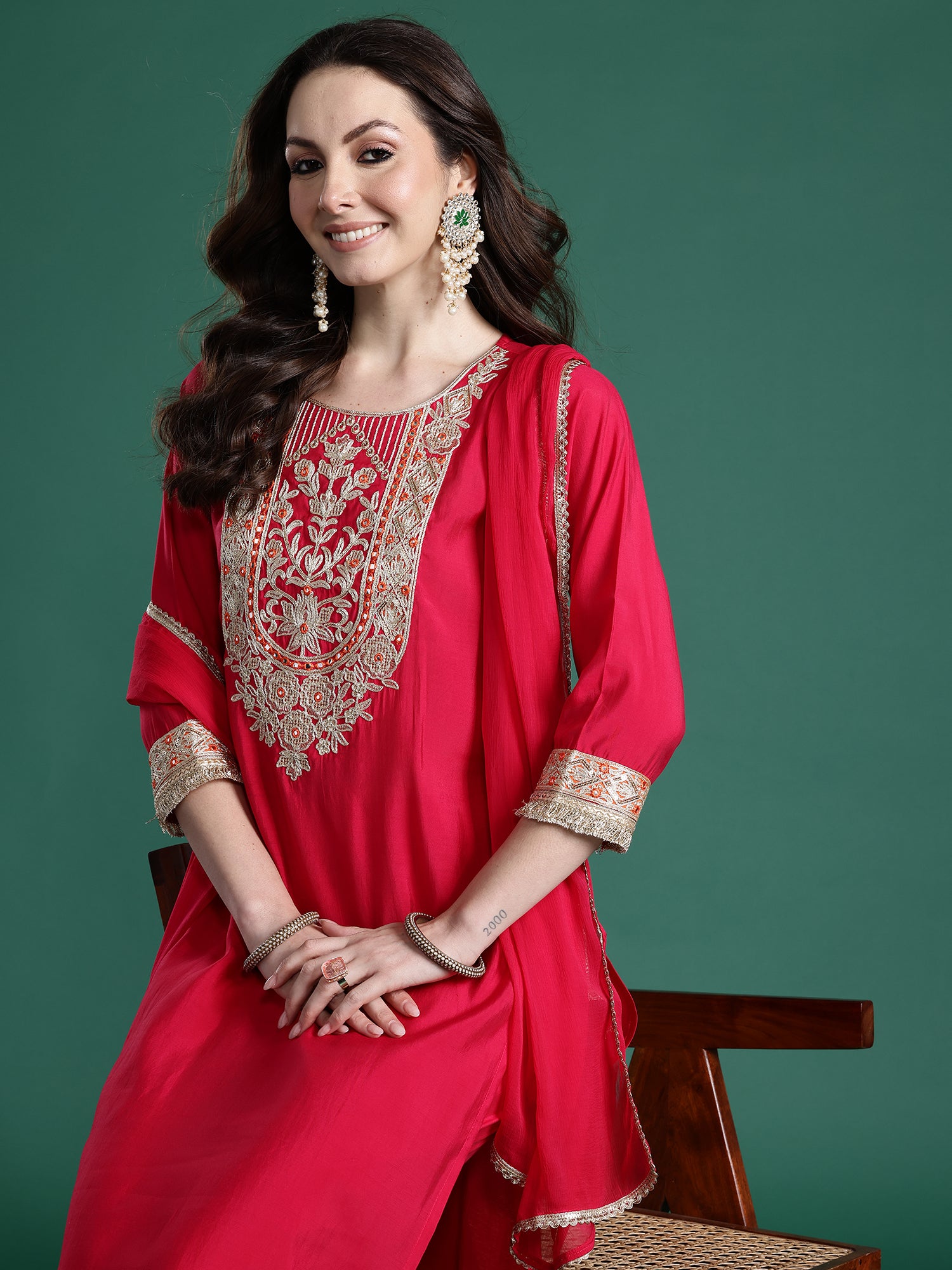 Indo Era Pink Solid Straight Kurta Trousers With Dupatta set- IE
