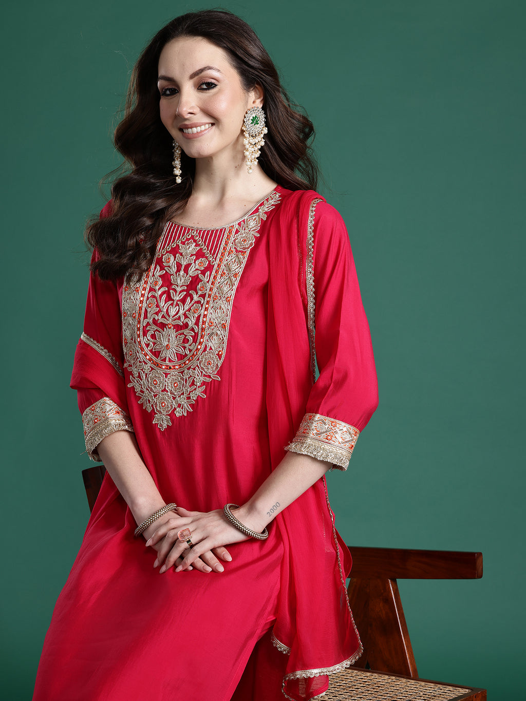 Indo Era Pink Solid Straight Kurta Trousers With Dupatta set- IE