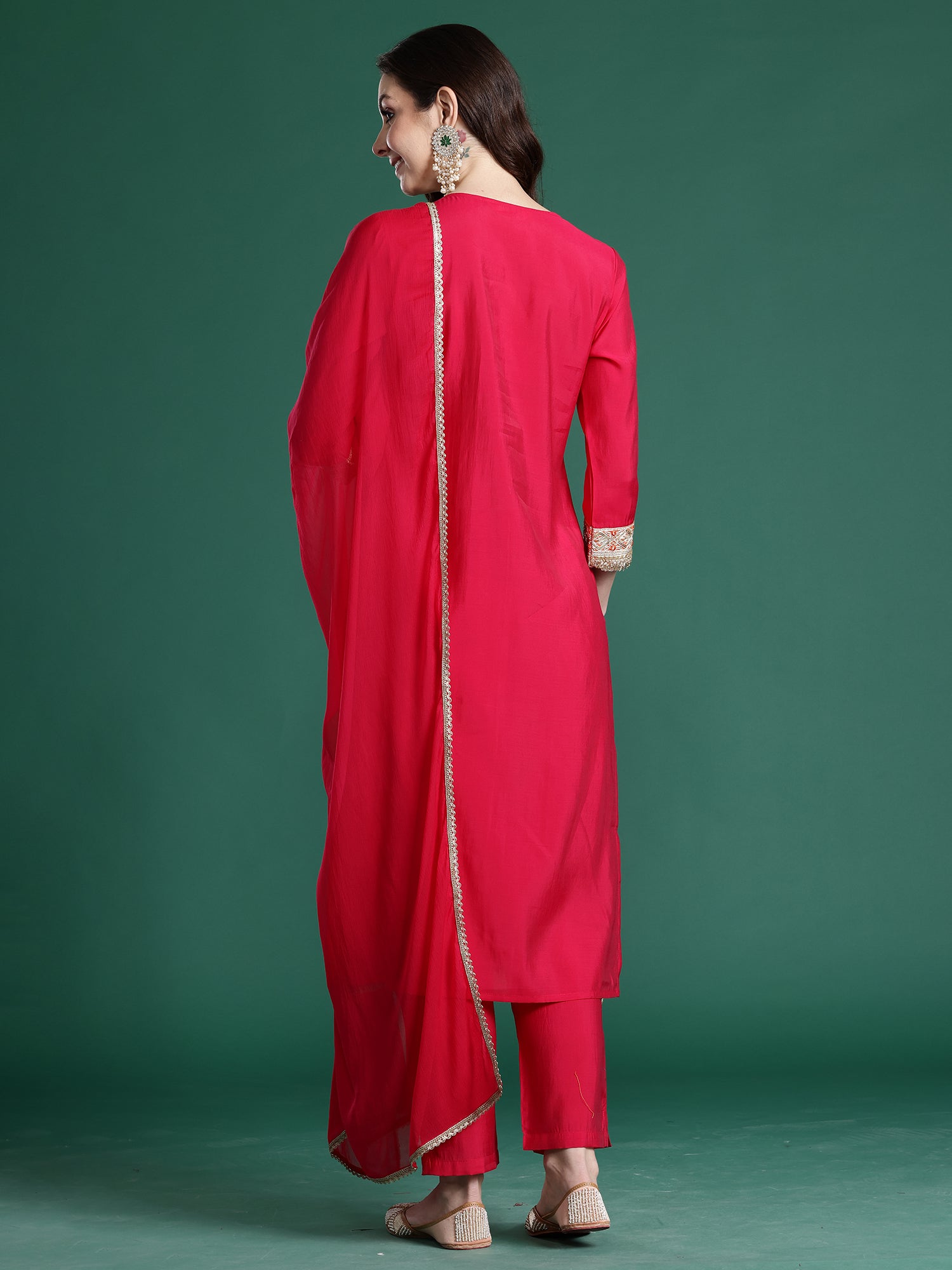 Indo Era Pink Solid Straight Kurta Trousers With Dupatta set- IE