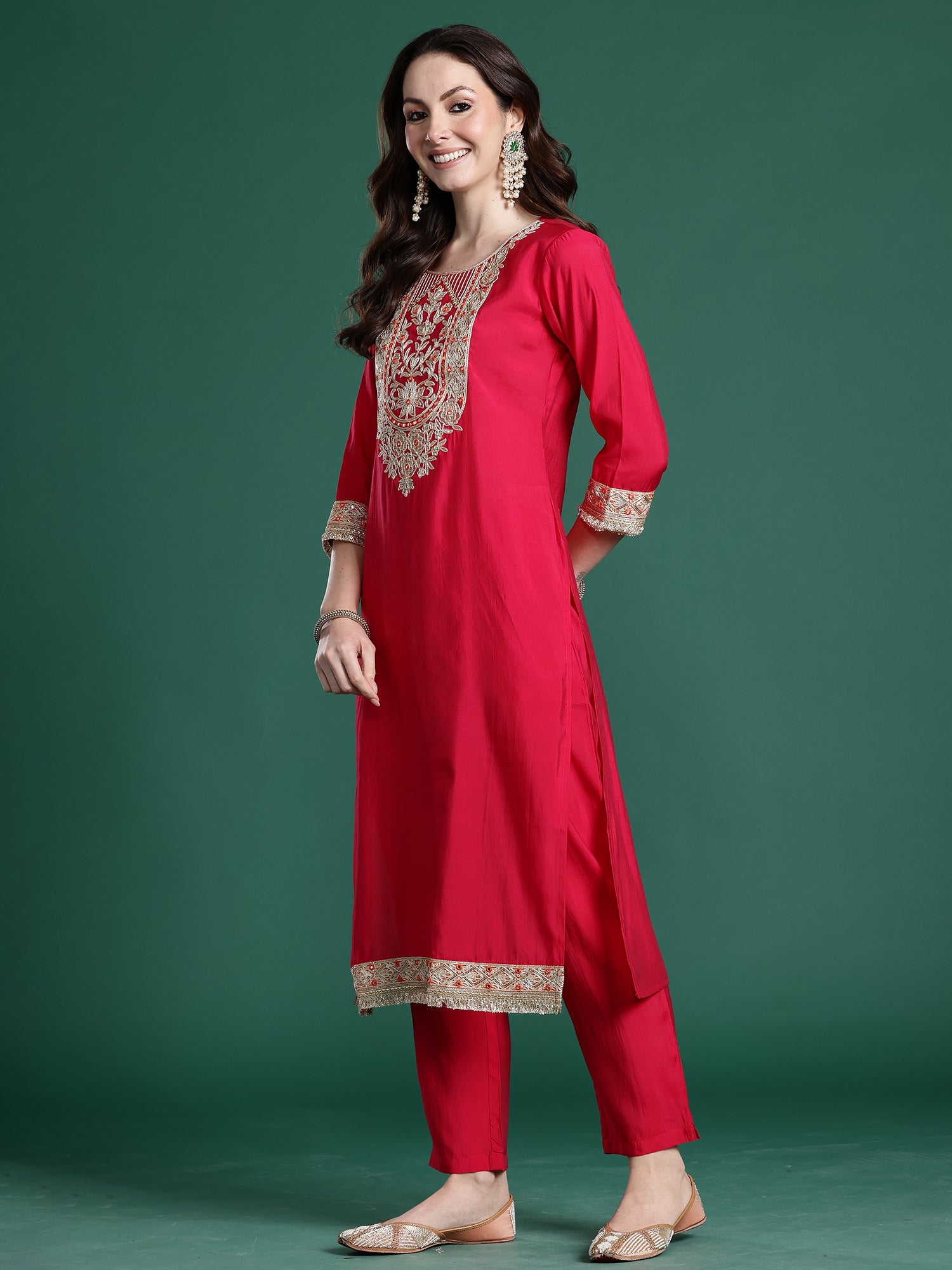 Indo Era Pink Solid Straight Kurta Trousers With Dupatta set- IE